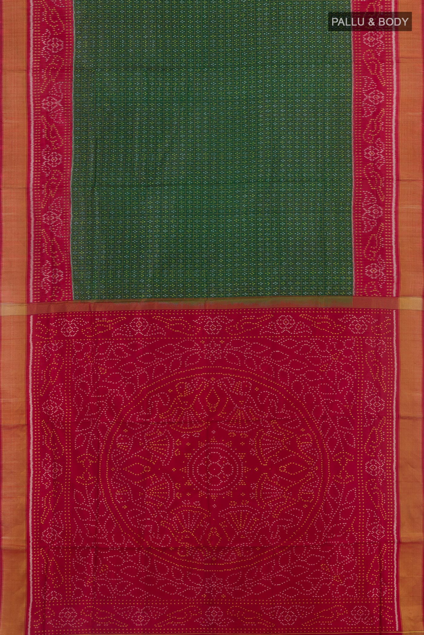 Flat view of Green Rajkot Patola Silk Saree with Pure Ikat on the body and Ikat Border. 