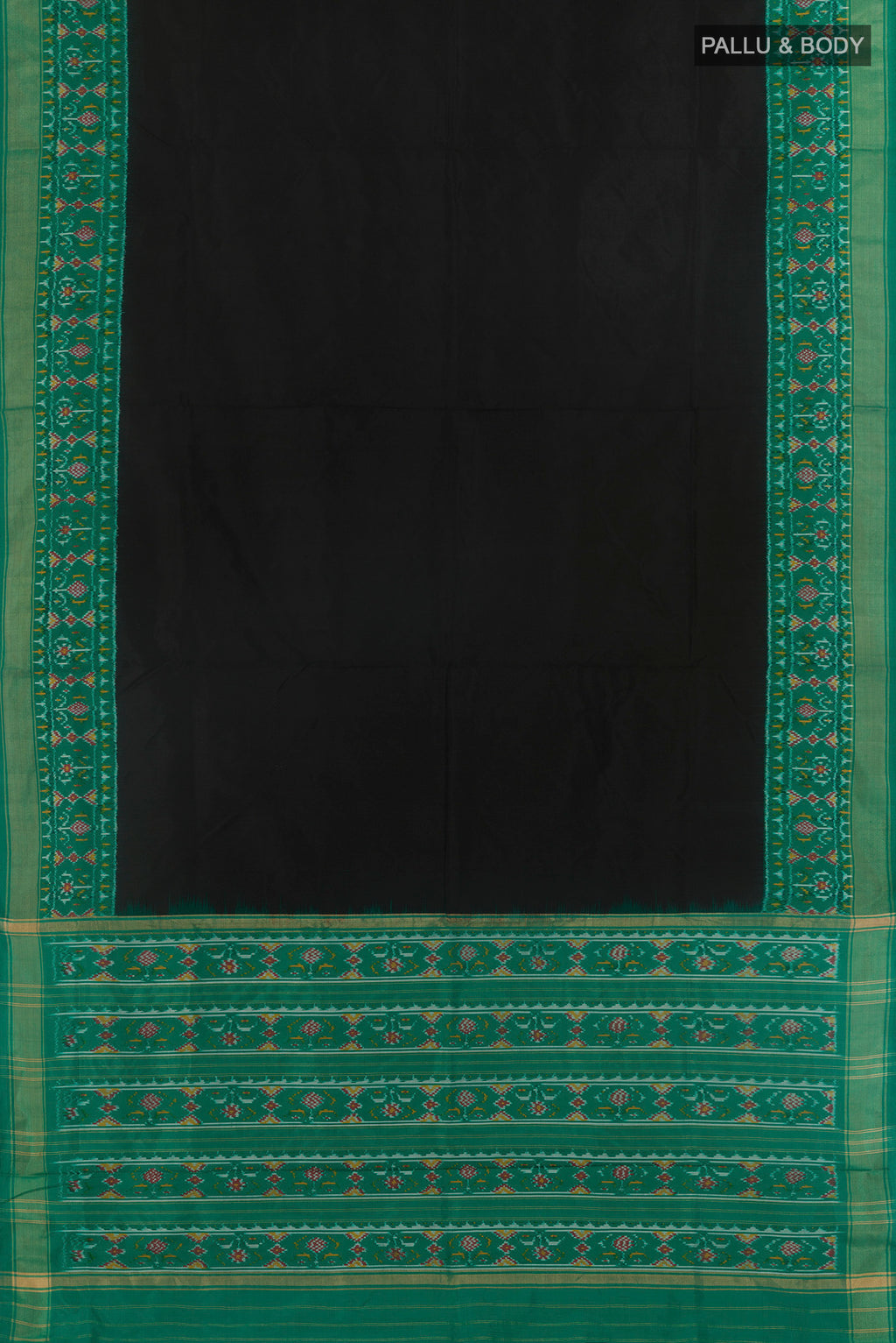 Flat view of Black Pochampally Silk Saree with Plain Body and Zari Border. 