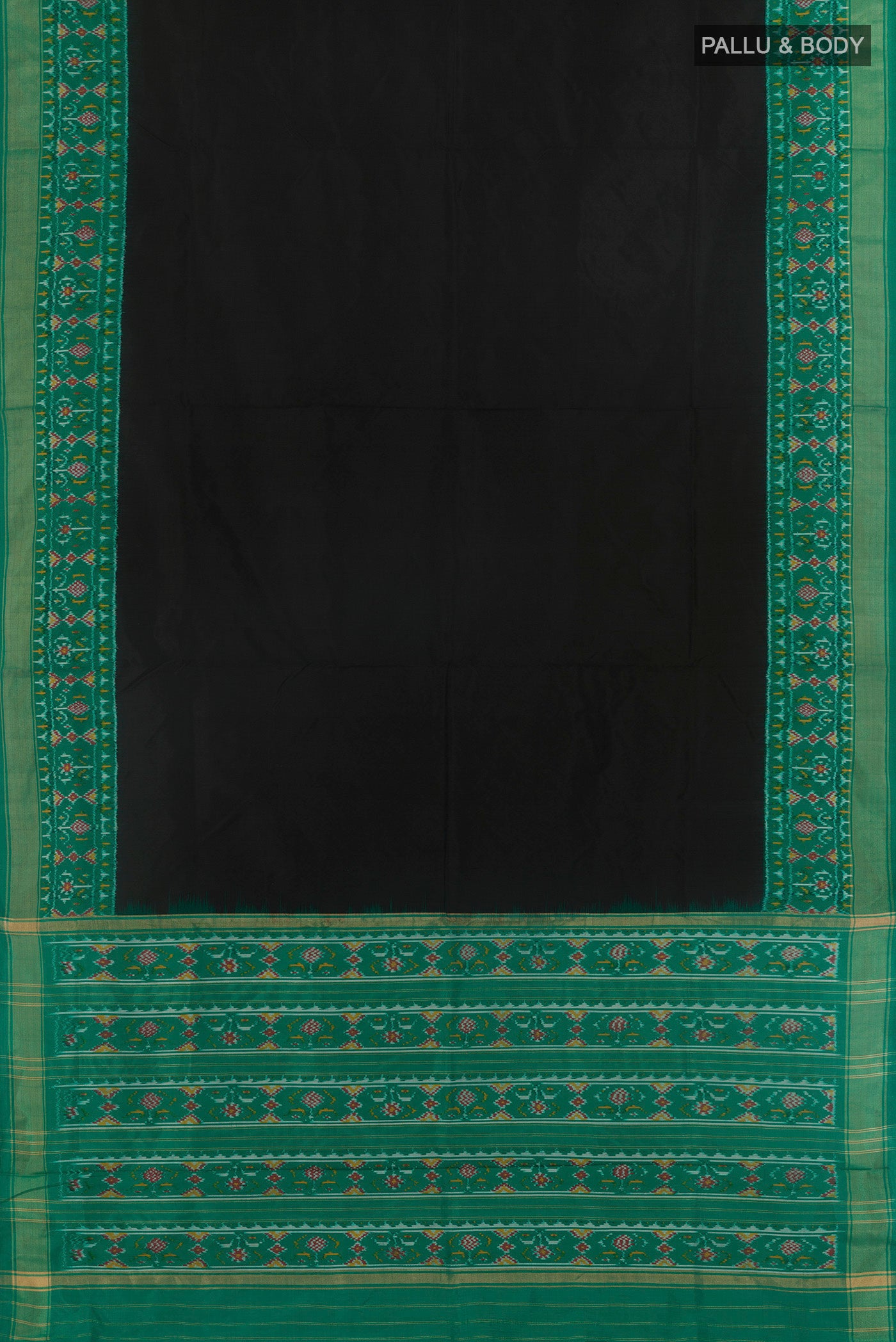 Flat view of Black Pochampally Silk Saree with Plain Body and Zari Border. 