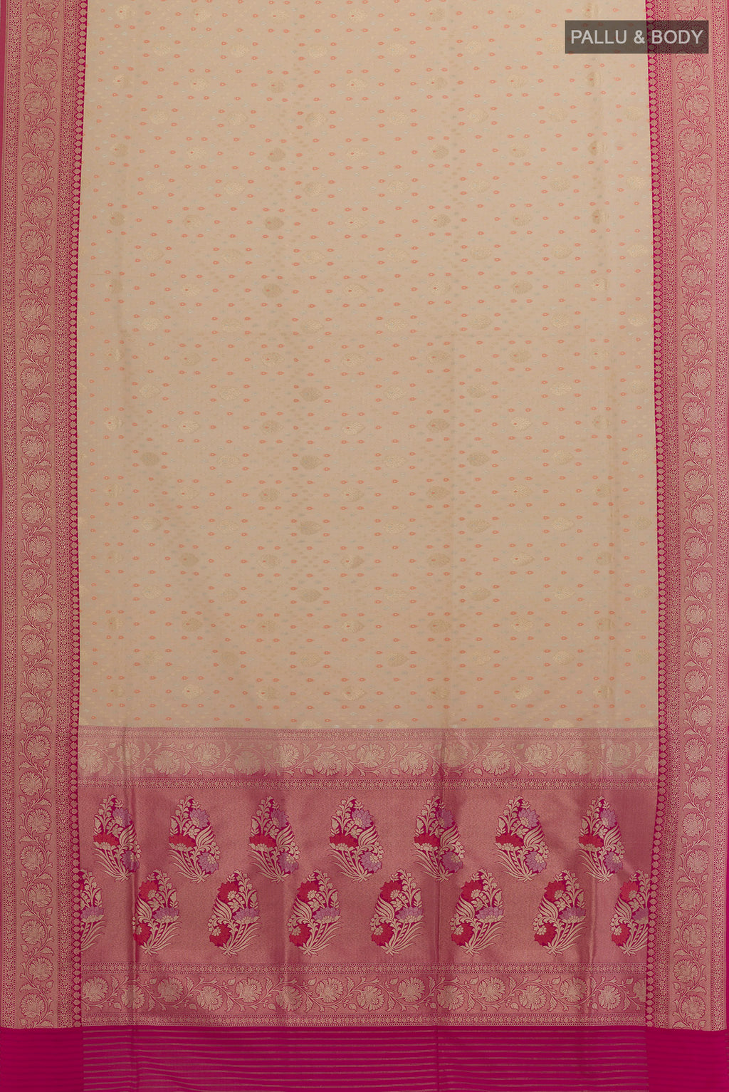 Flat view of Cream Banarasi Silk Saree with Zari Butta on the body and Zari Border. 