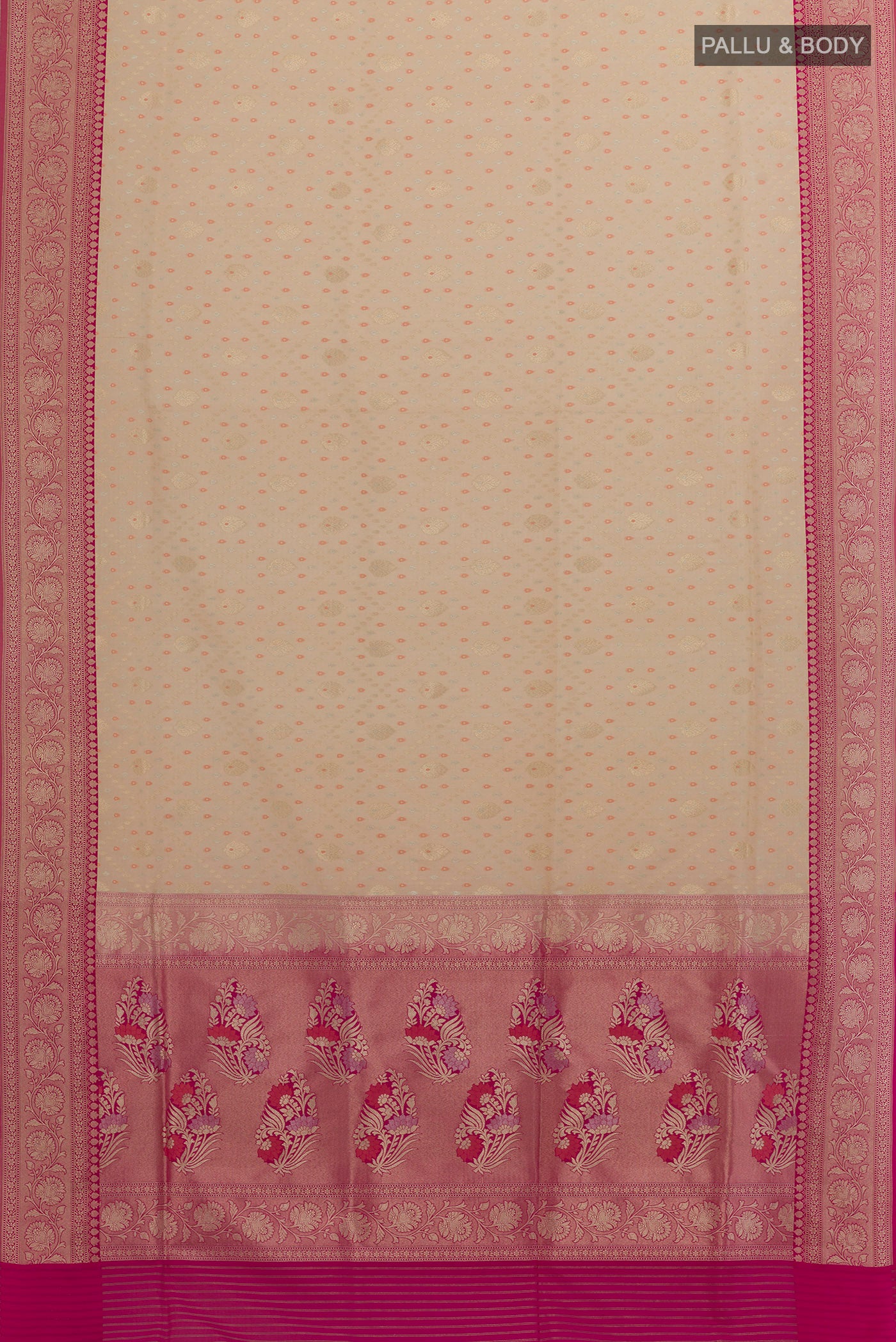 Flat view of Cream Banarasi Silk Saree with Zari Butta on the body and Zari Border. 