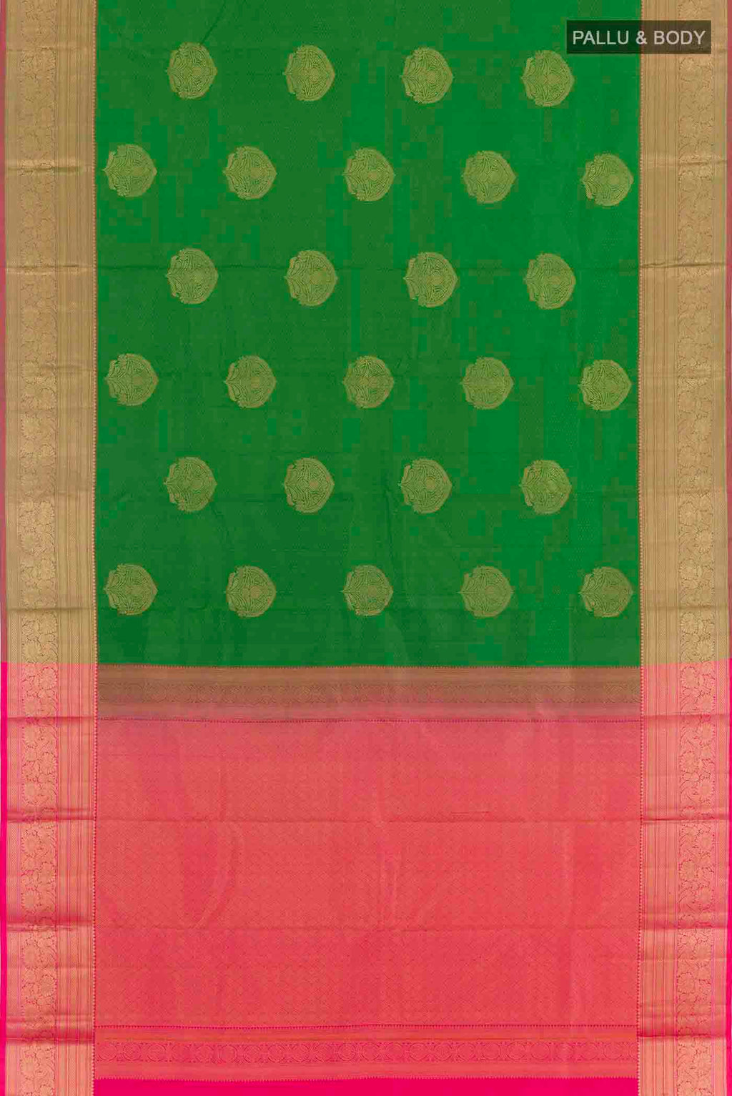 Flat view of Green Kanchipuram Silk Saree with Jacquard With Zari Butta on the body and Zari Border