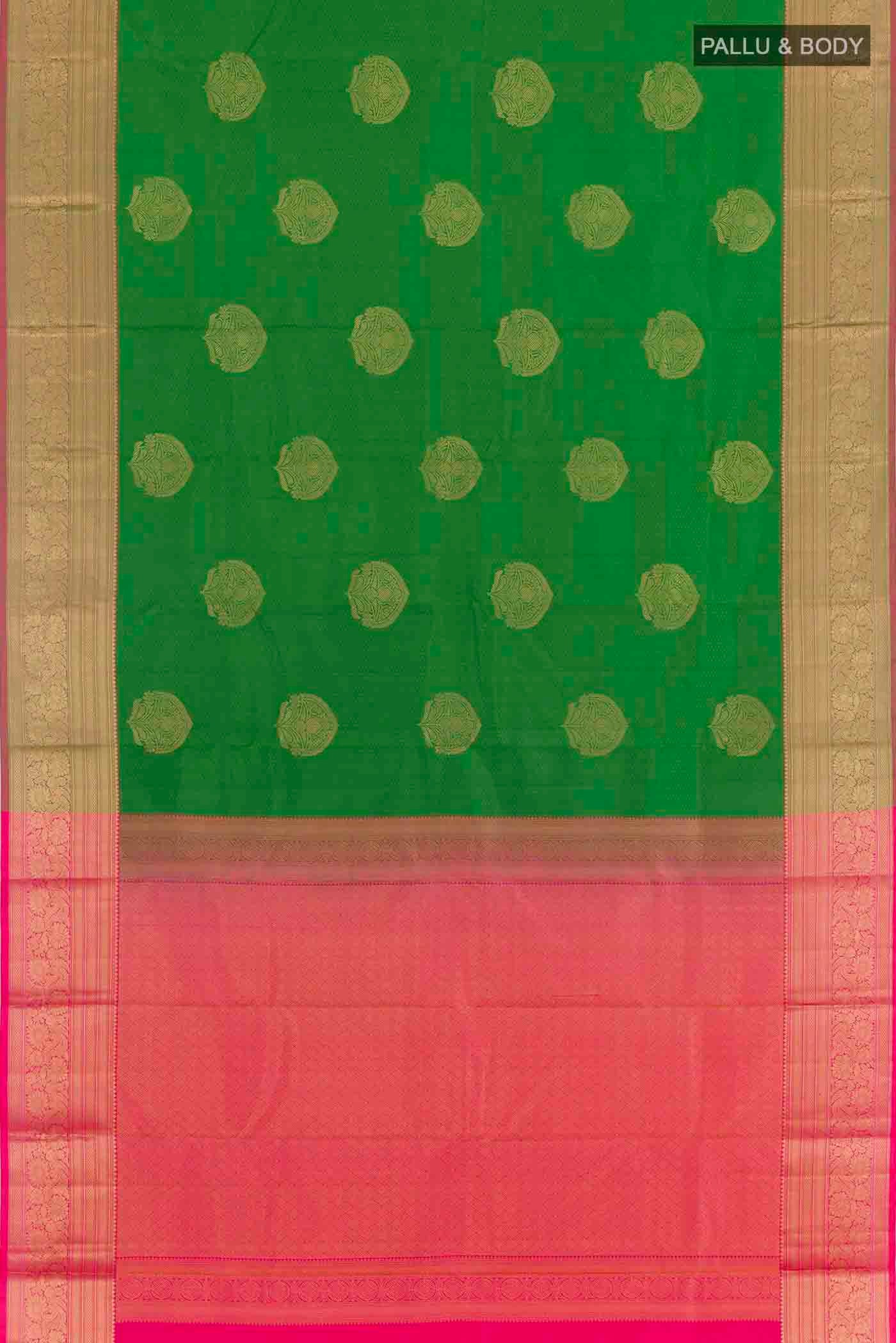 Flat view of Green Kanchipuram Silk Saree with Jacquard With Zari Butta on the body and Zari Border