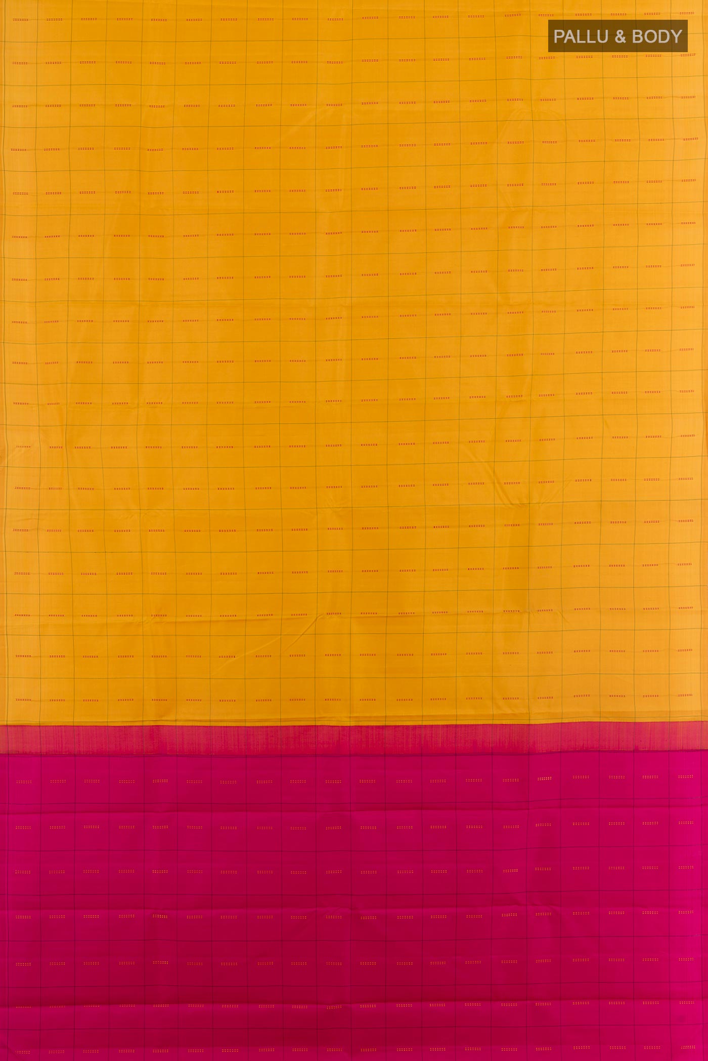 Flat view of Yellow Kanjivaram Silk Saree with Checked design on the body and Without Border. 