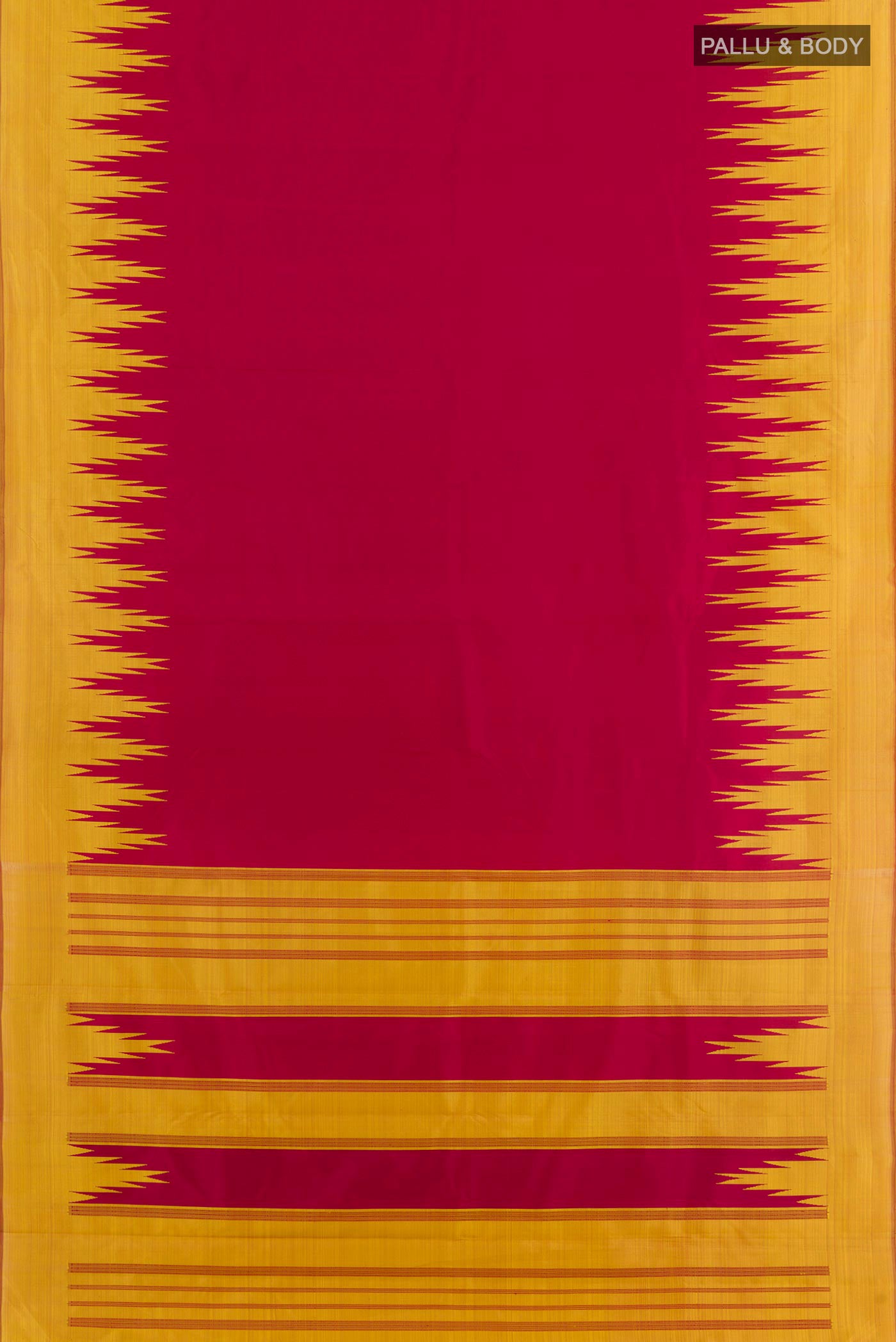 Flat view of Red Kanchipuram Silk Saree with Plain Body and Temple Border. 