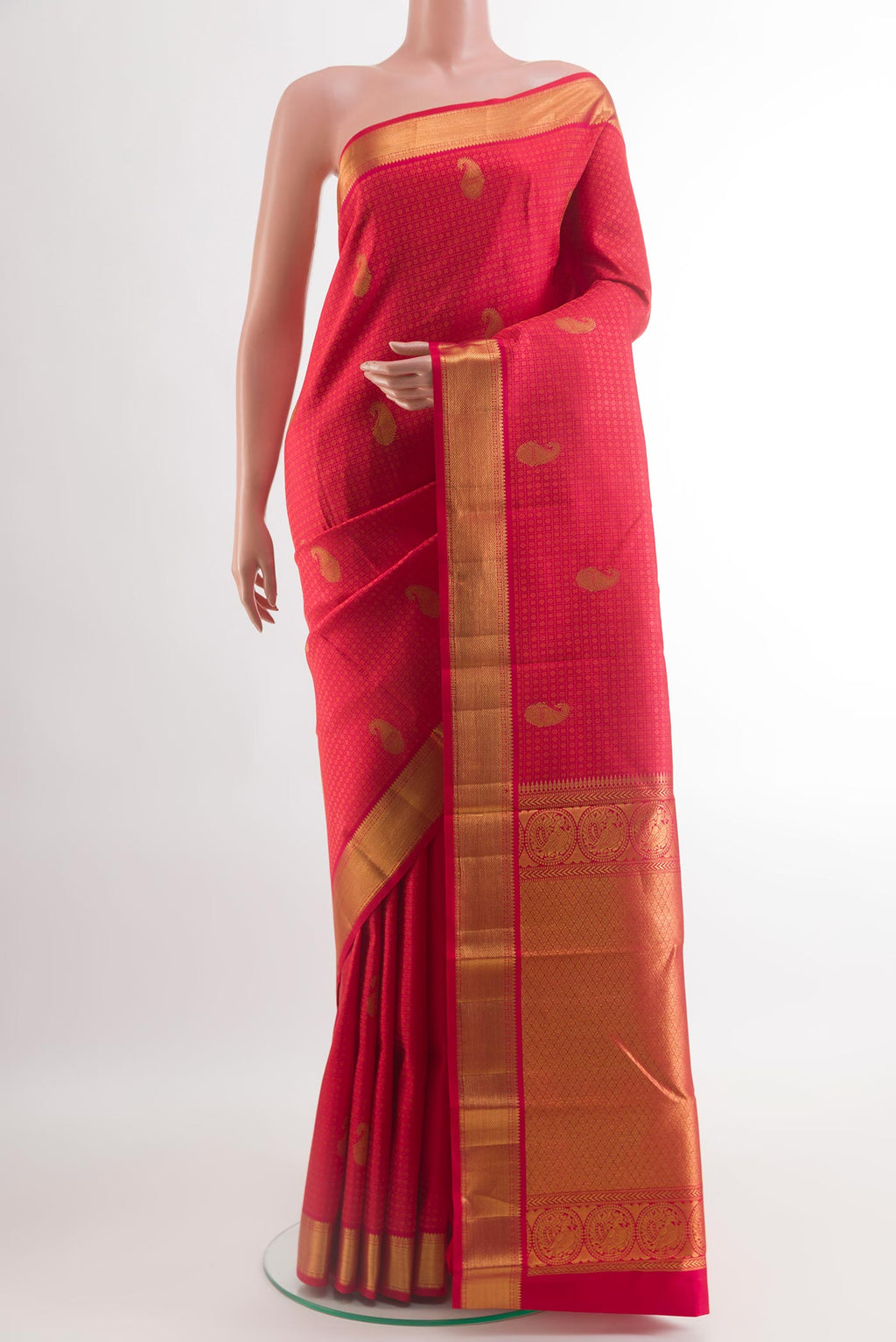 Red Kanchipuram Silk Saree with Jacquard With Zari Butta on the body and Zari Border.  displayed on a mannequin