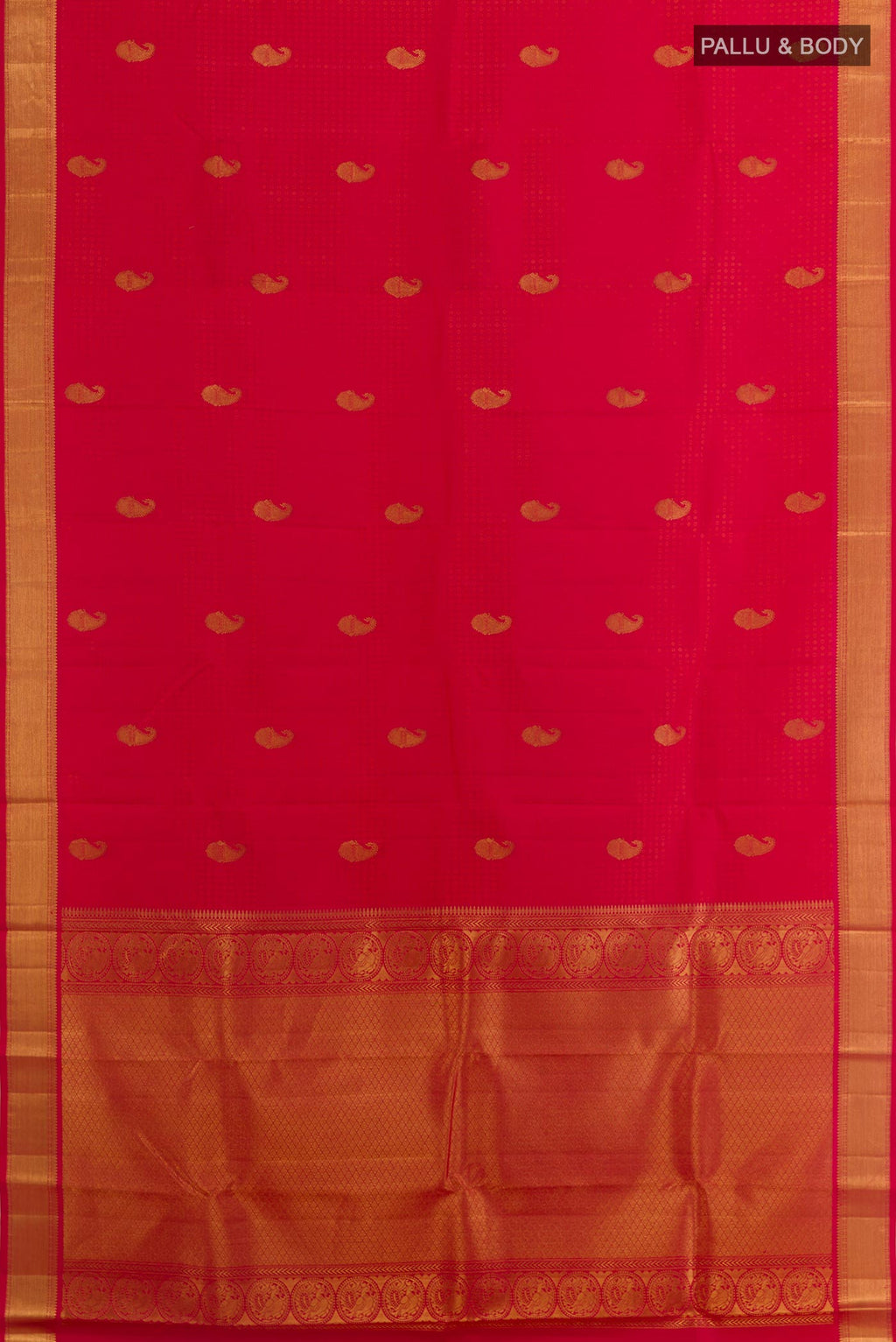 Flat view of Red Kanchipuram Silk Saree with Jacquard With Zari Butta on the body and Zari Border. 
