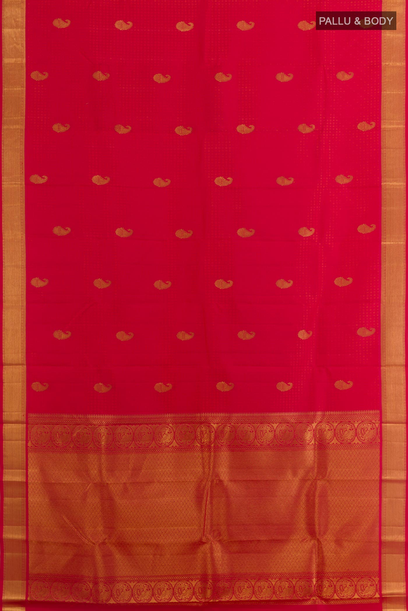 Flat view of Red Kanchipuram Silk Saree with Jacquard With Zari Butta on the body and Zari Border. 