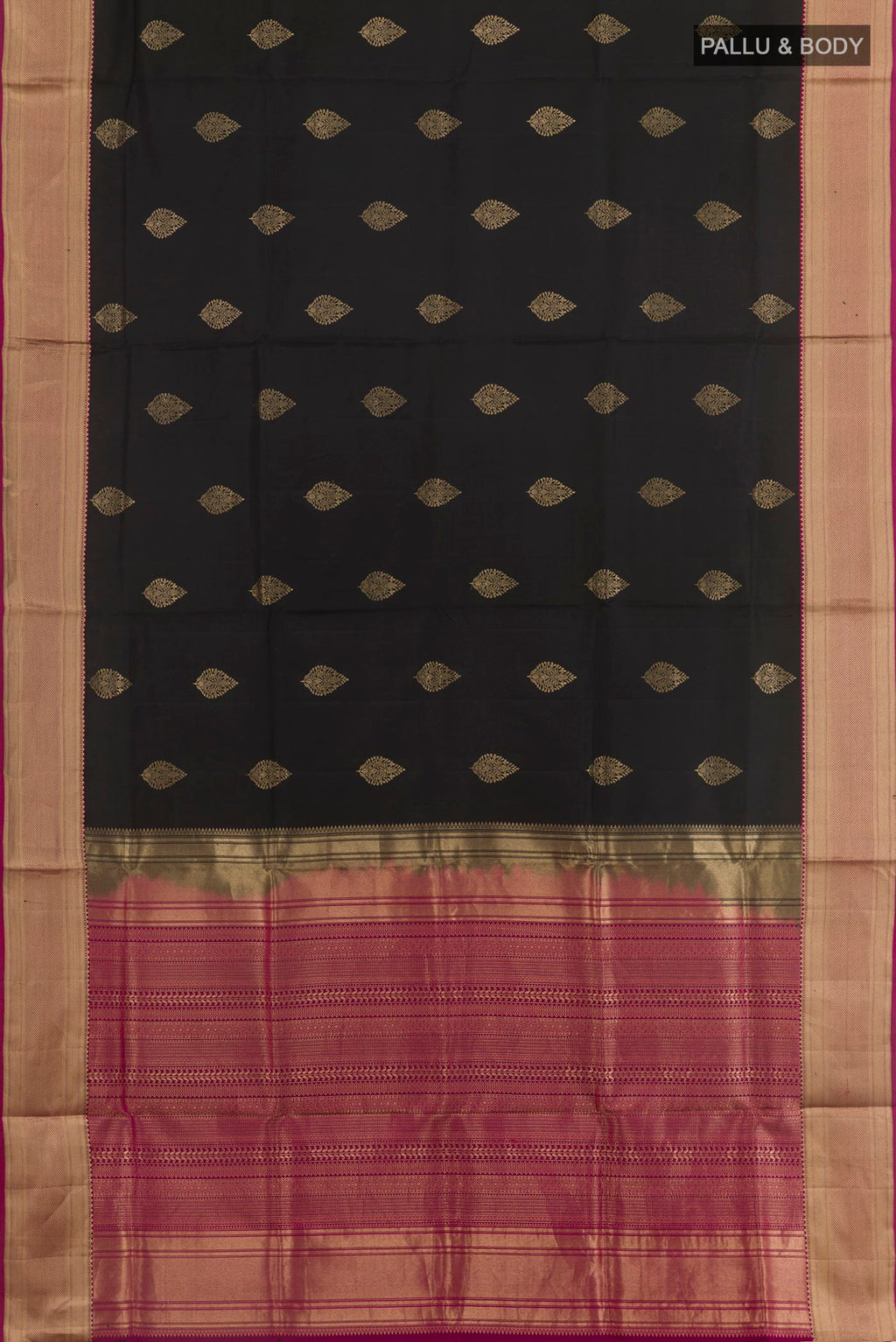 Flat view of Black Soft Silk Saree with Zari Butta on the body and Zari Border. 