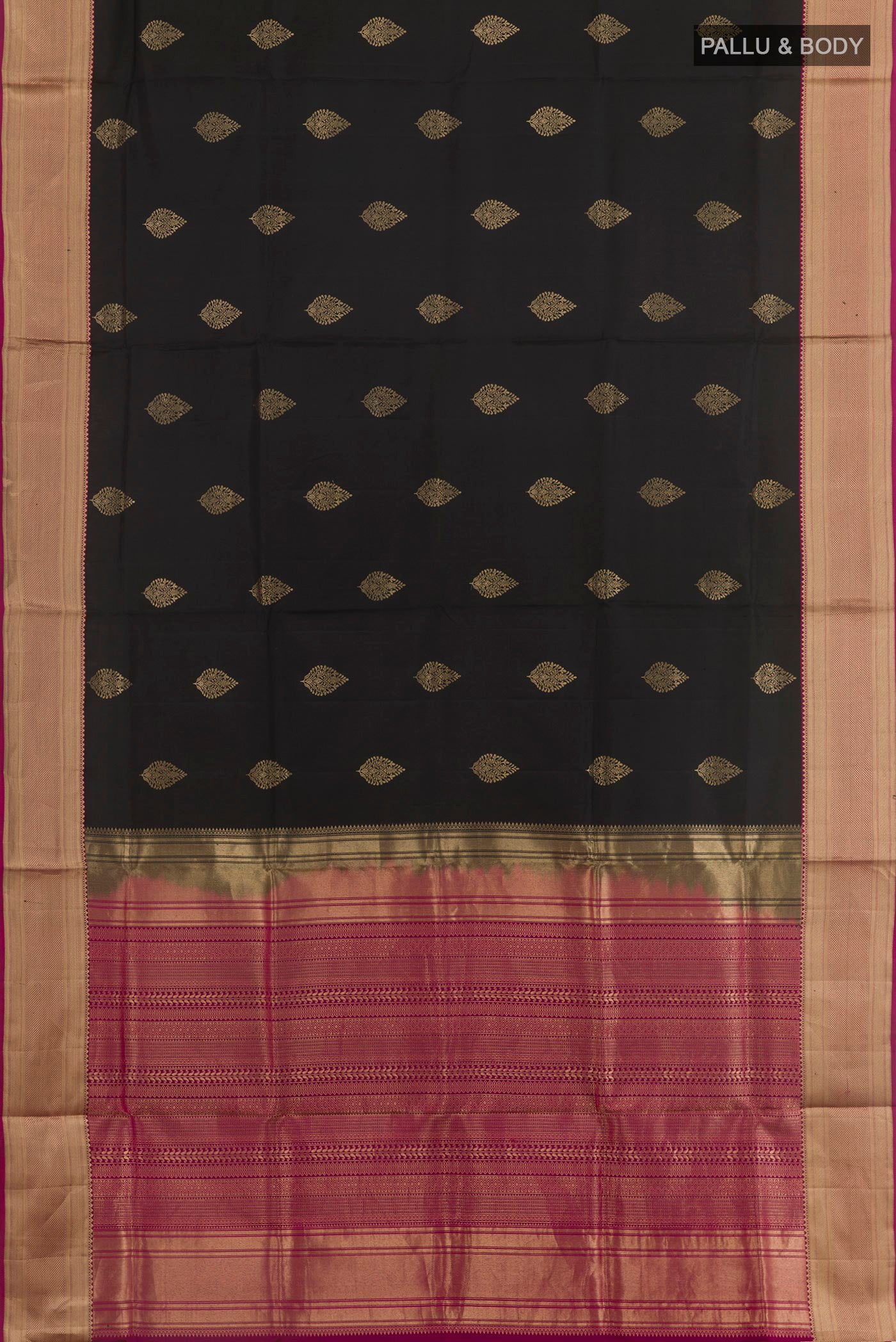 Flat view of Black Soft Silk Saree with Zari Butta on the body and Zari Border. 