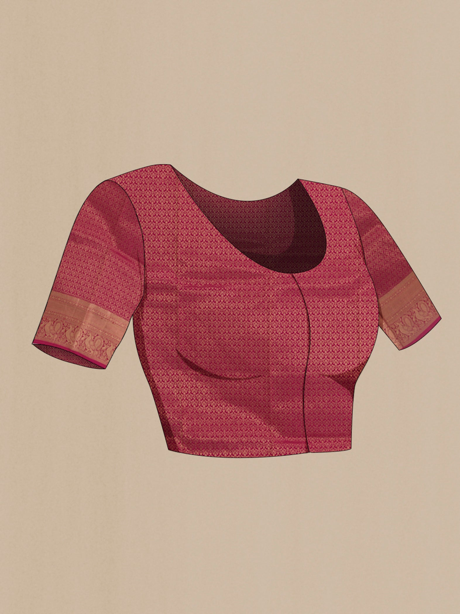 Close up image of the blouse of Brown Kanchipuram Silk Saree with Plain Body and Zari Border. 