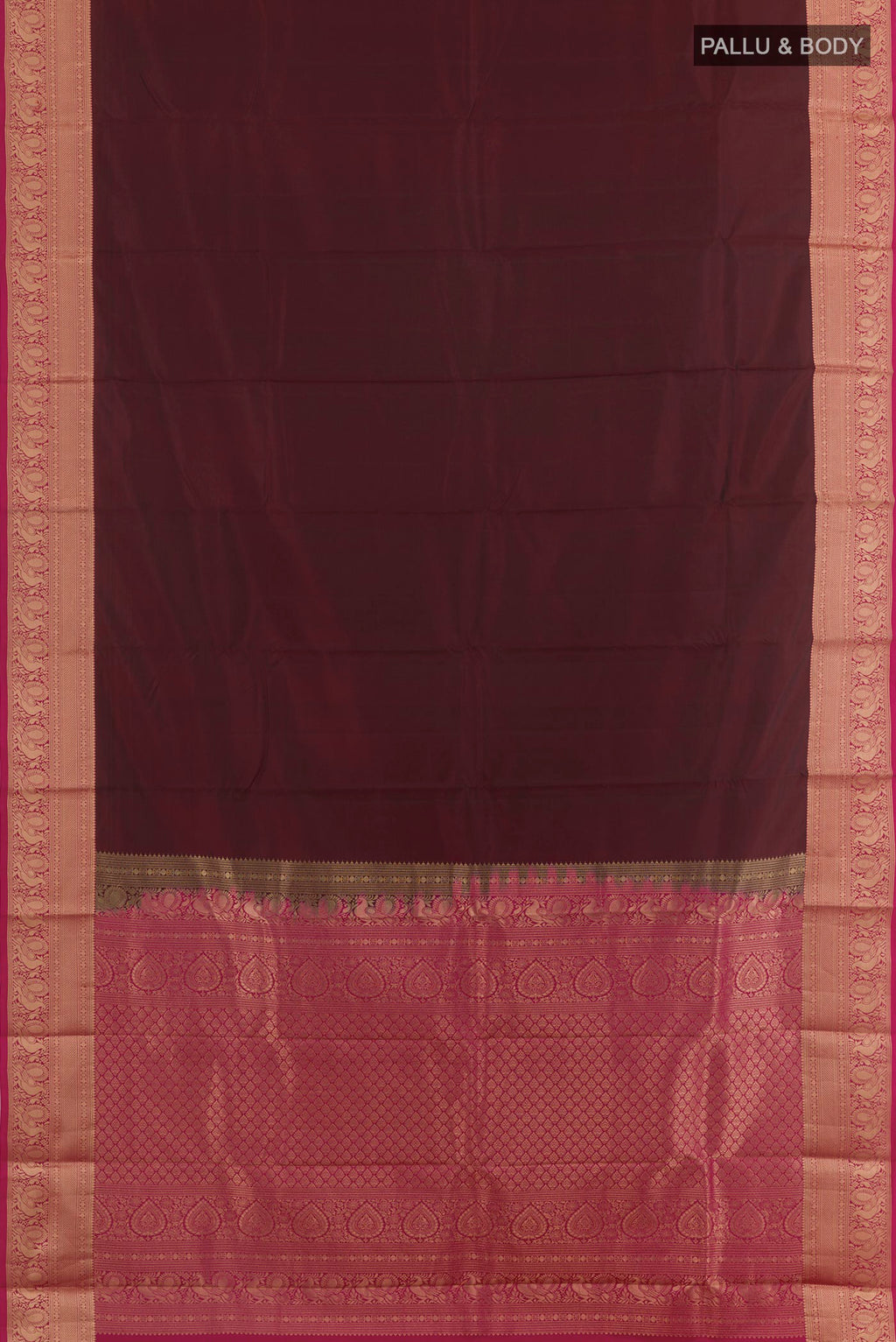 Flat view of Brown Kanchipuram Silk Saree with Plain Body and Zari Border. 