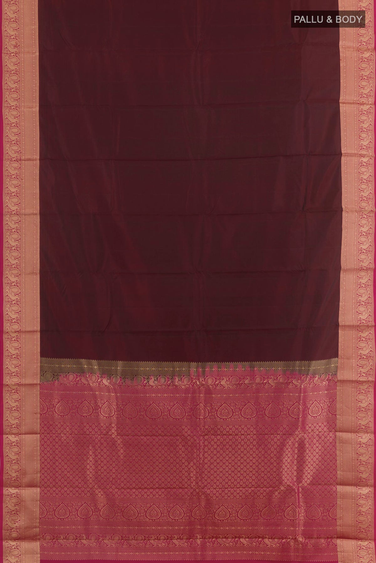 Flat view of Brown Kanchipuram Silk Saree with Plain Body and Zari Border. 