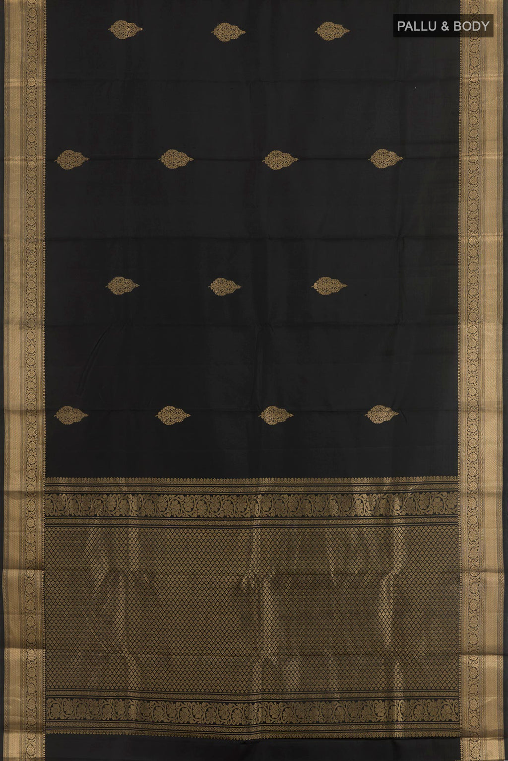 Flat view of Black Kanjivaram Silk Saree with Zari Butta on the body and Zari Border. 