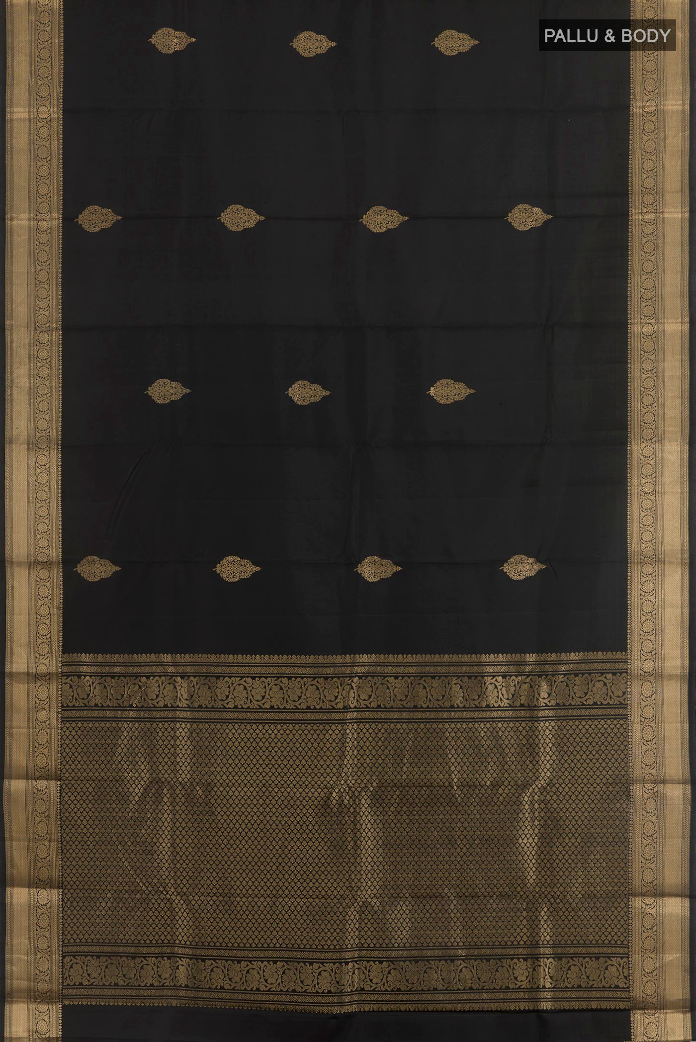 Flat view of Black Kanjivaram Silk Saree with Zari Butta on the body and Zari Border. 