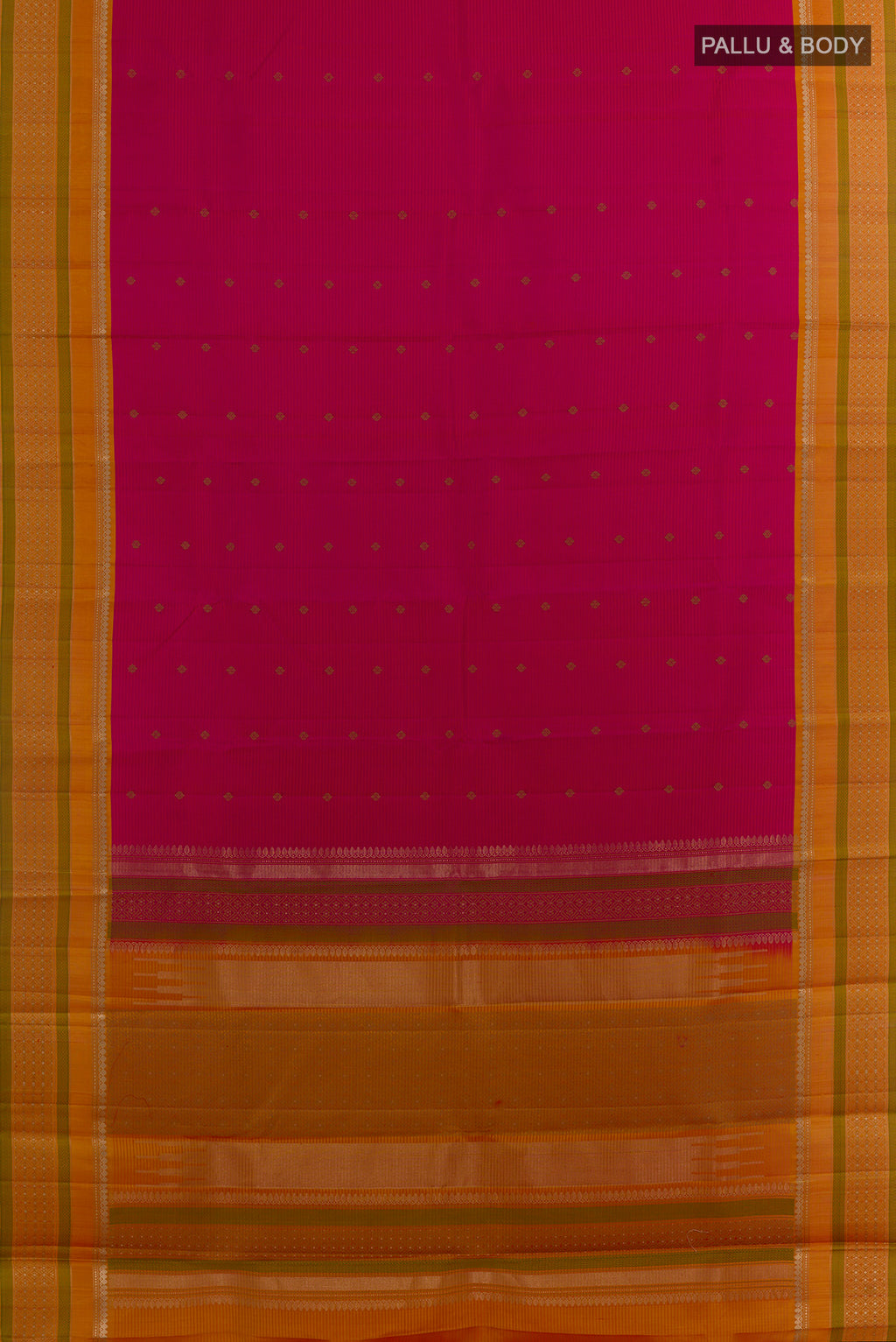 Flat view of Pure Silk Pink Kanchipuram Saree with Zari Butta on the body and Zari Border. 