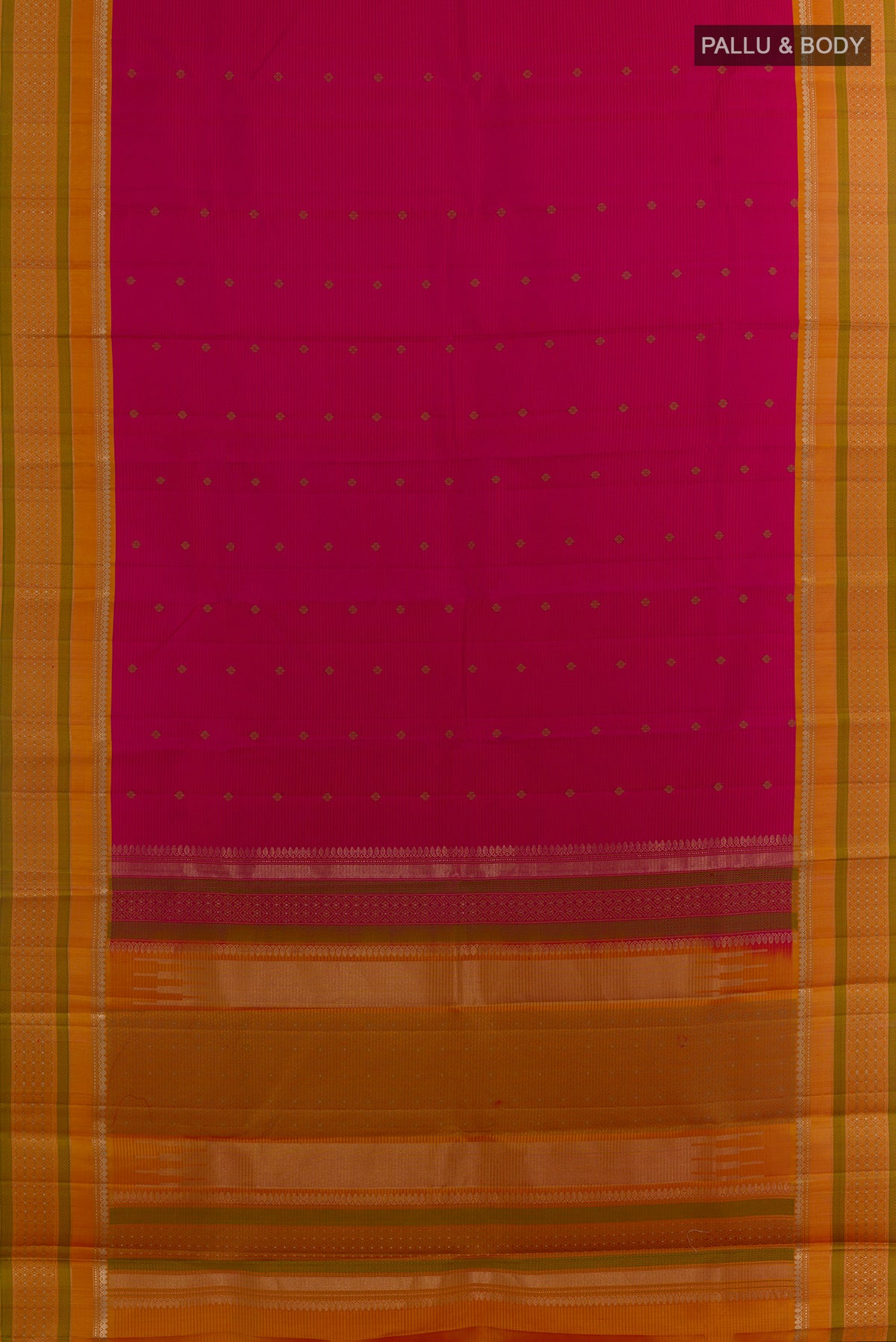 Flat view of Pure Silk Pink Kanchipuram Saree with Zari Butta on the body and Zari Border. 