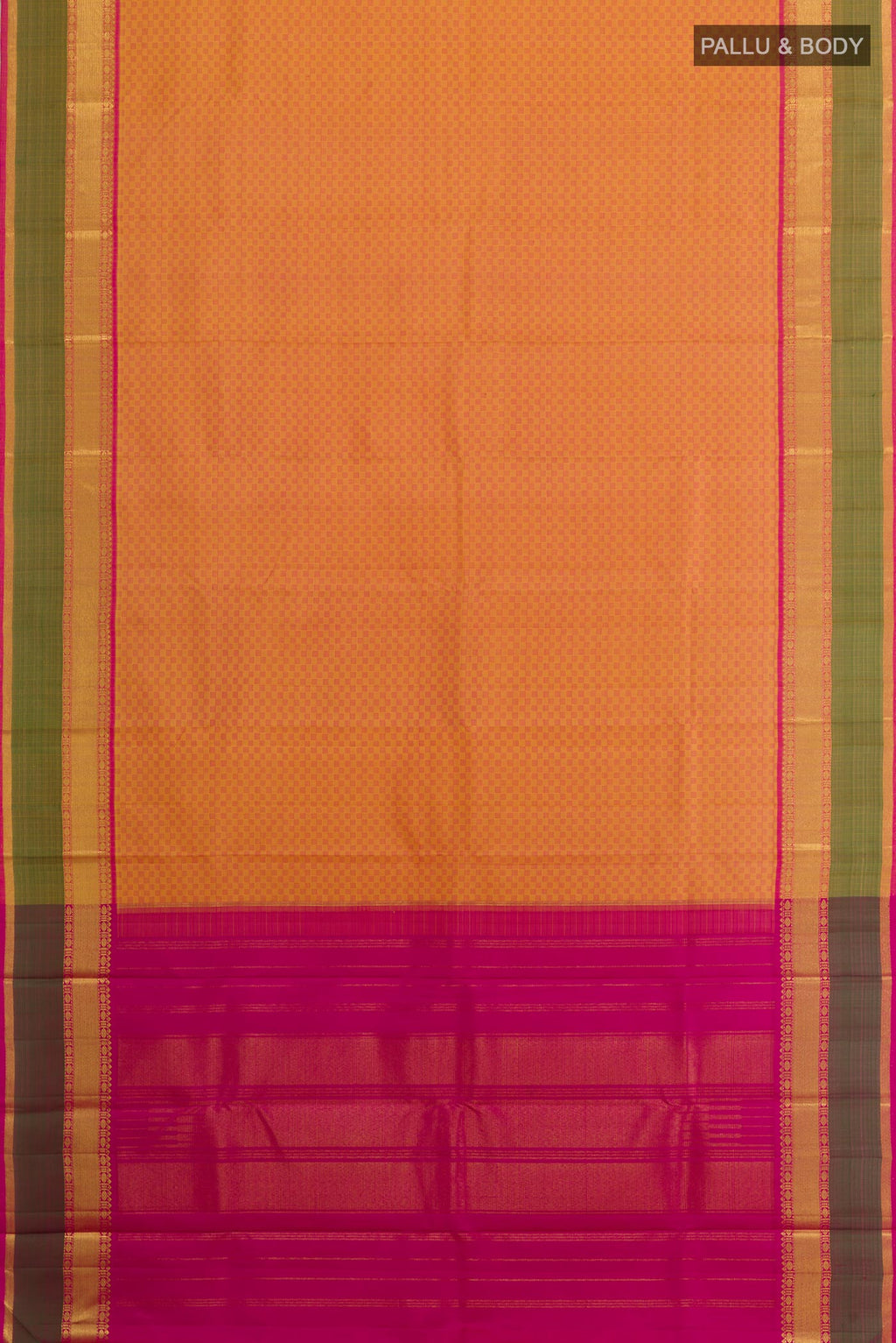 Flat view of Mustard Kanchipuram Silk Saree with Checked design on the body and Zari Border. 