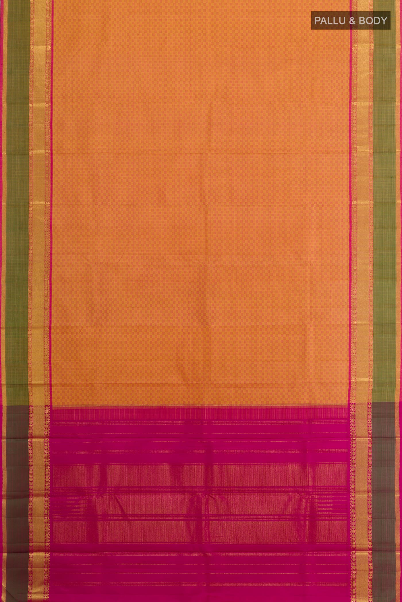 Flat view of Mustard Kanchipuram Silk Saree with Checked design on the body and Zari Border. 