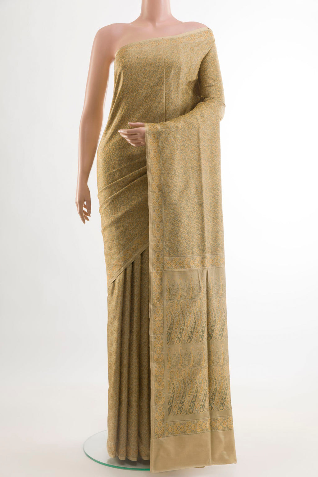 Dark Beige Banarasi Tanchoi Silk Saree with Jacquard design on the body and Thread Border.  displayed on a mannequin