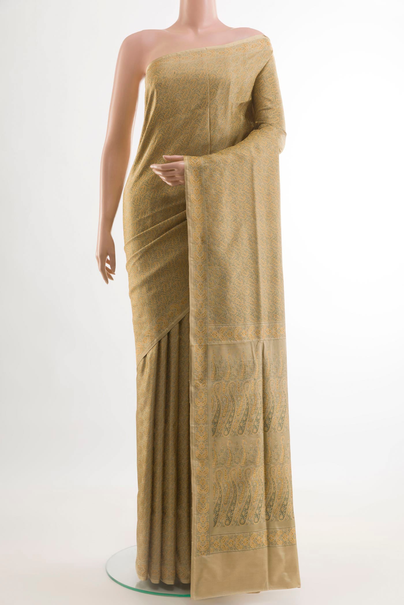 Dark Beige Banarasi Tanchoi Silk Saree with Jacquard design on the body and Thread Border.  displayed on a mannequin