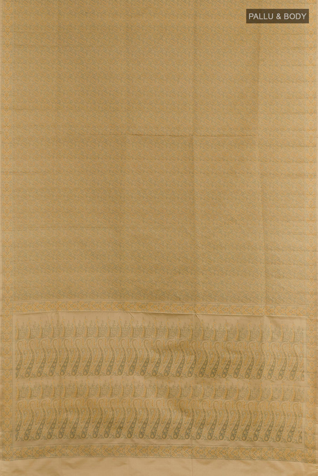 Flat view of Dark Beige Banarasi Tanchoi Silk Saree with Jacquard design on the body and Thread Border. 