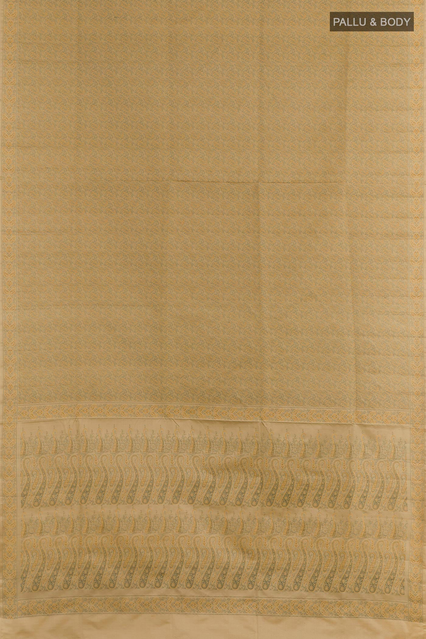 Flat view of Dark Beige Banarasi Tanchoi Silk Saree with Jacquard design on the body and Thread Border. 