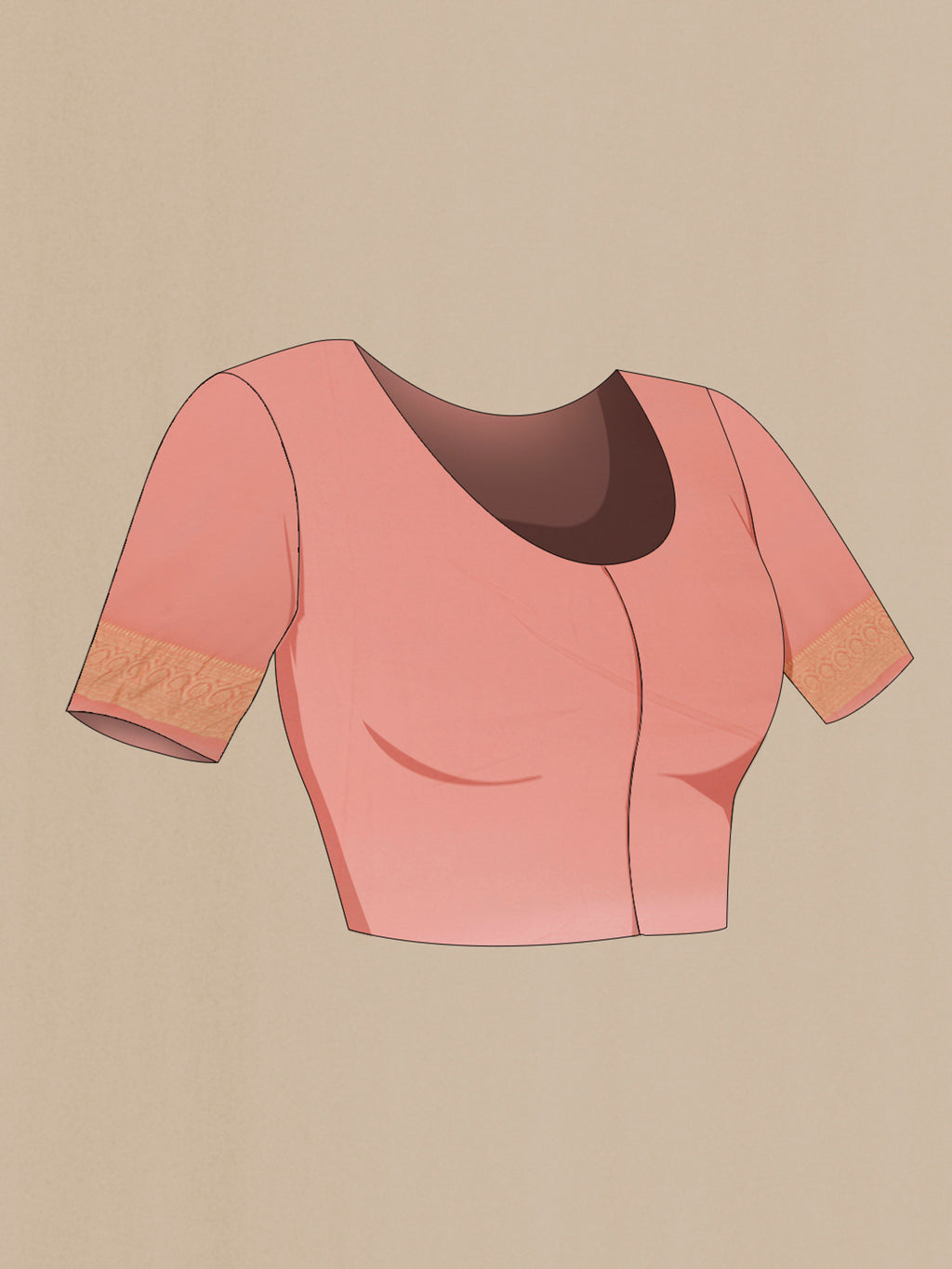 Close up image of the blouse of Peach Banarasi Georgette Saree with Zari Brocade on the body and Zari Border. 