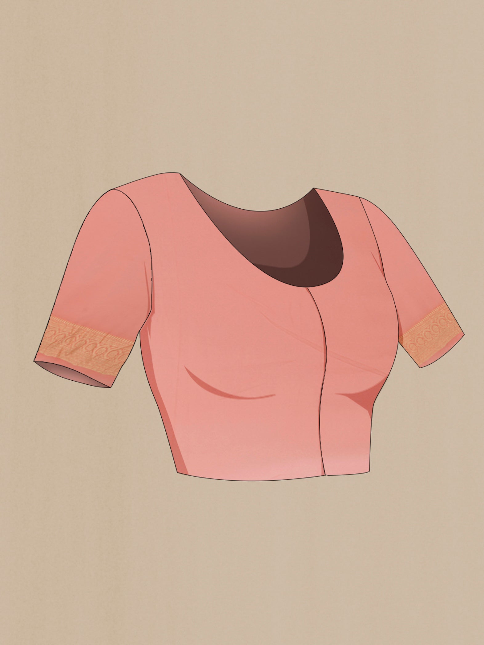 Close up image of the blouse of Peach Banarasi Georgette Saree with Zari Brocade on the body and Zari Border. 