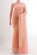 Peach Banarasi Georgette Saree with Zari Brocade on the body and Zari Border.  displayed on a mannequin