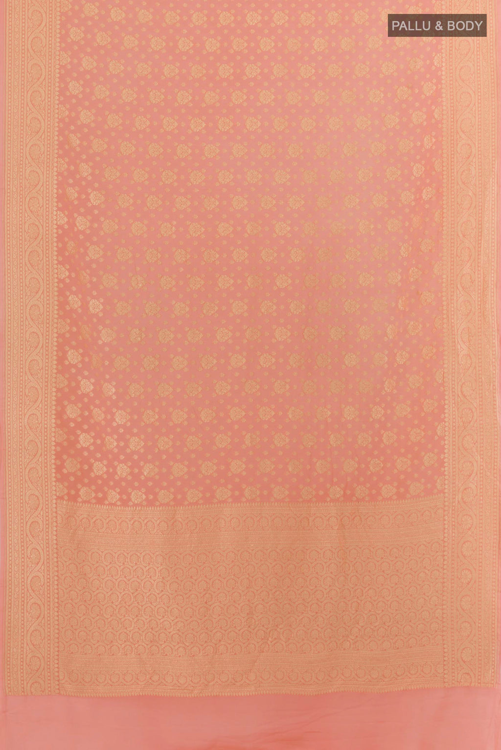 Flat view of Peach Banarasi Georgette Saree with Zari Brocade on the body and Zari Border. 