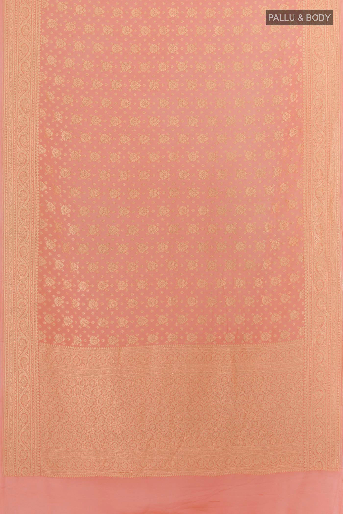 Flat view of Peach Banarasi Georgette Saree with Zari Brocade on the body and Zari Border. 