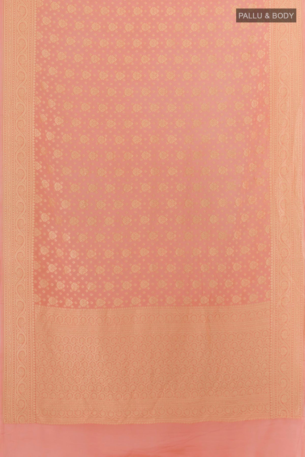 Flat view of Peach Banarasi Georgette Saree with Zari Brocade on the body and Zari Border. 