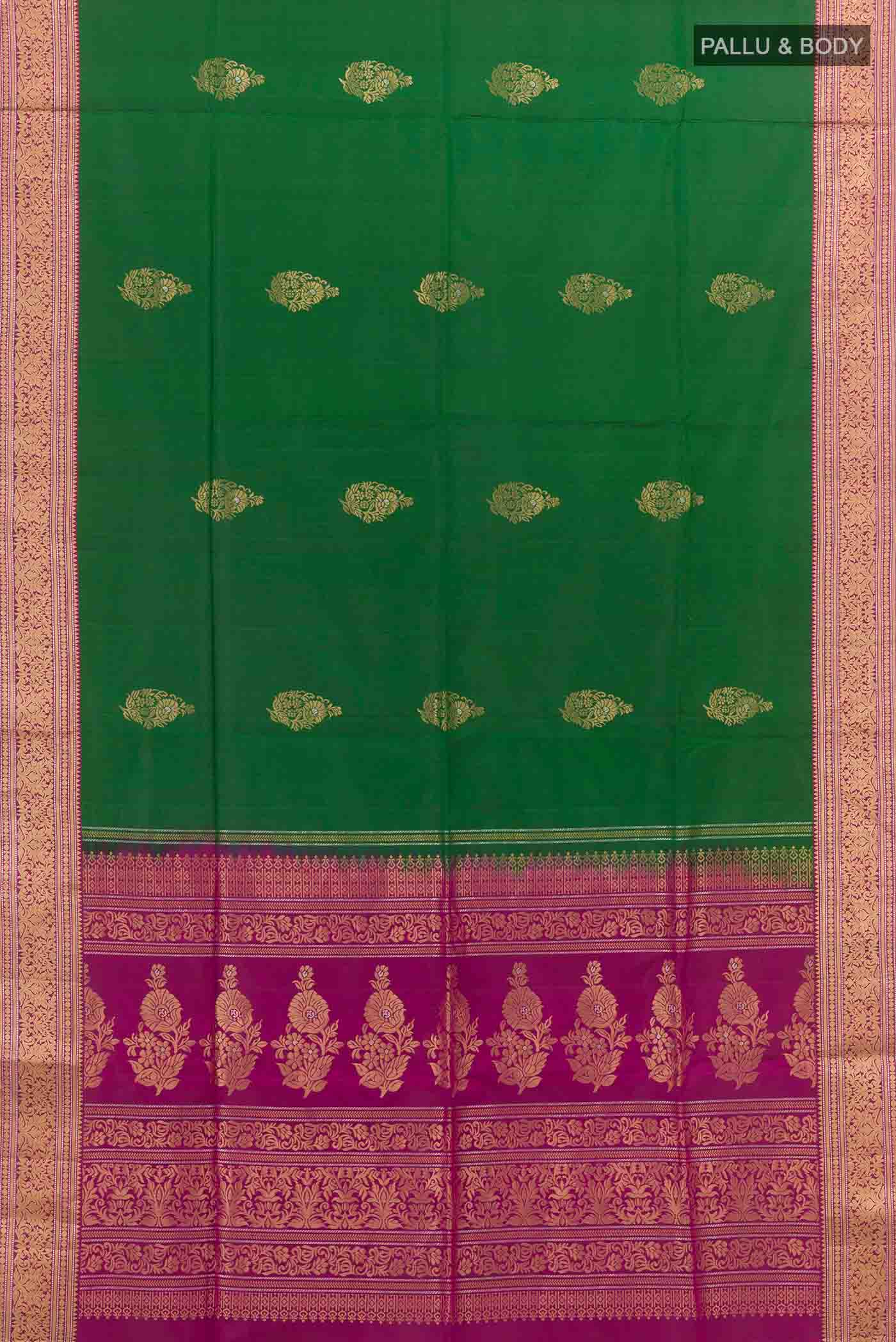 Flat view of Green Soft Silk Saree with Zari Butta on the body and Zari Border