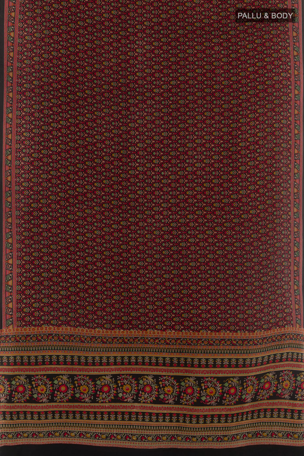 Flat view of Red Crepe Saree with Printed design on the body and Printed Border. 