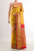 Yellow Dual Tone Kanchipuram Silk Saree with Zari Brocade on the body and Zari Border displayed on a mannequin