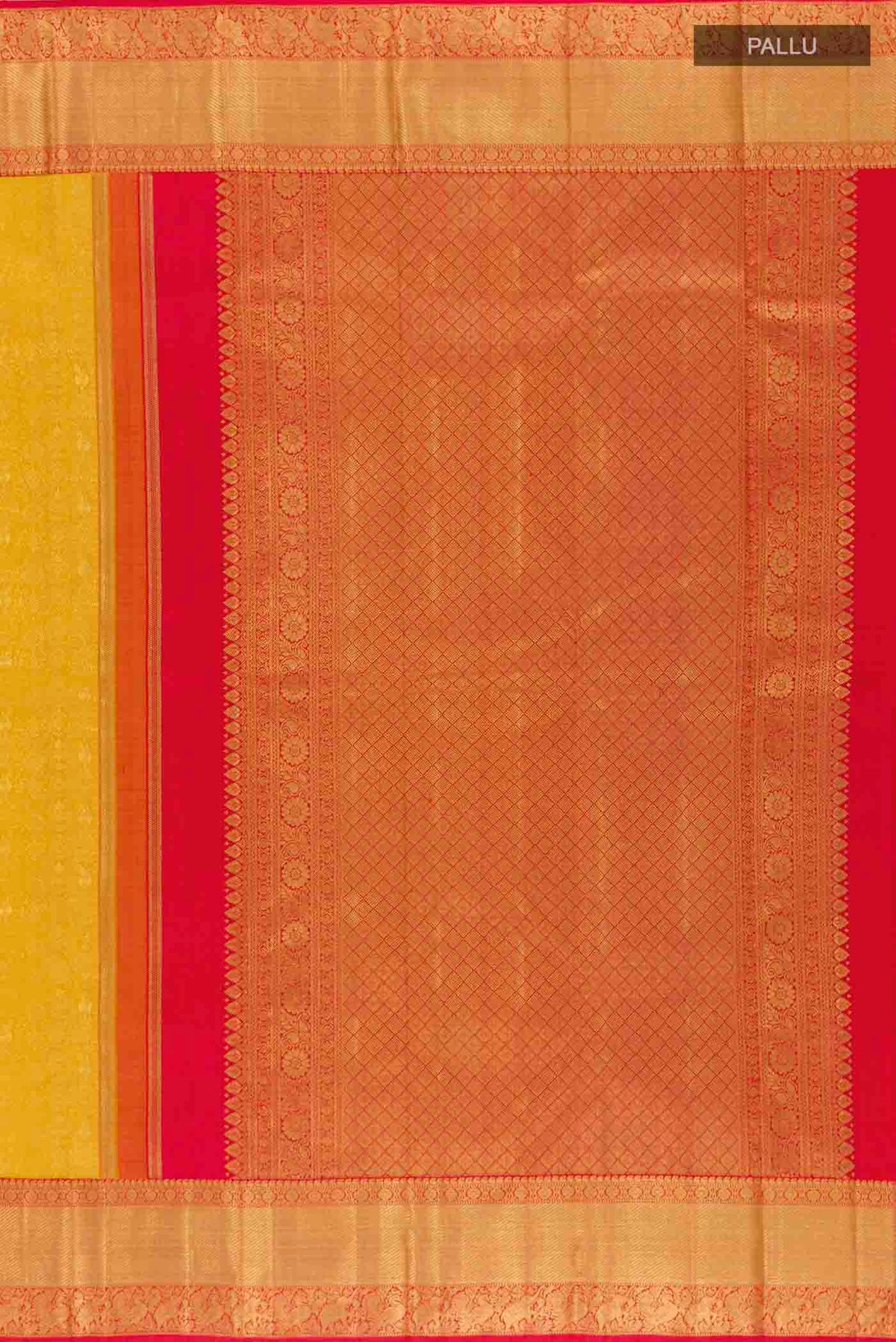 Close up image of the pallu of Yellow Dual Tone Kanchipuram Silk Saree with Zari Brocade on the body and Zari Border