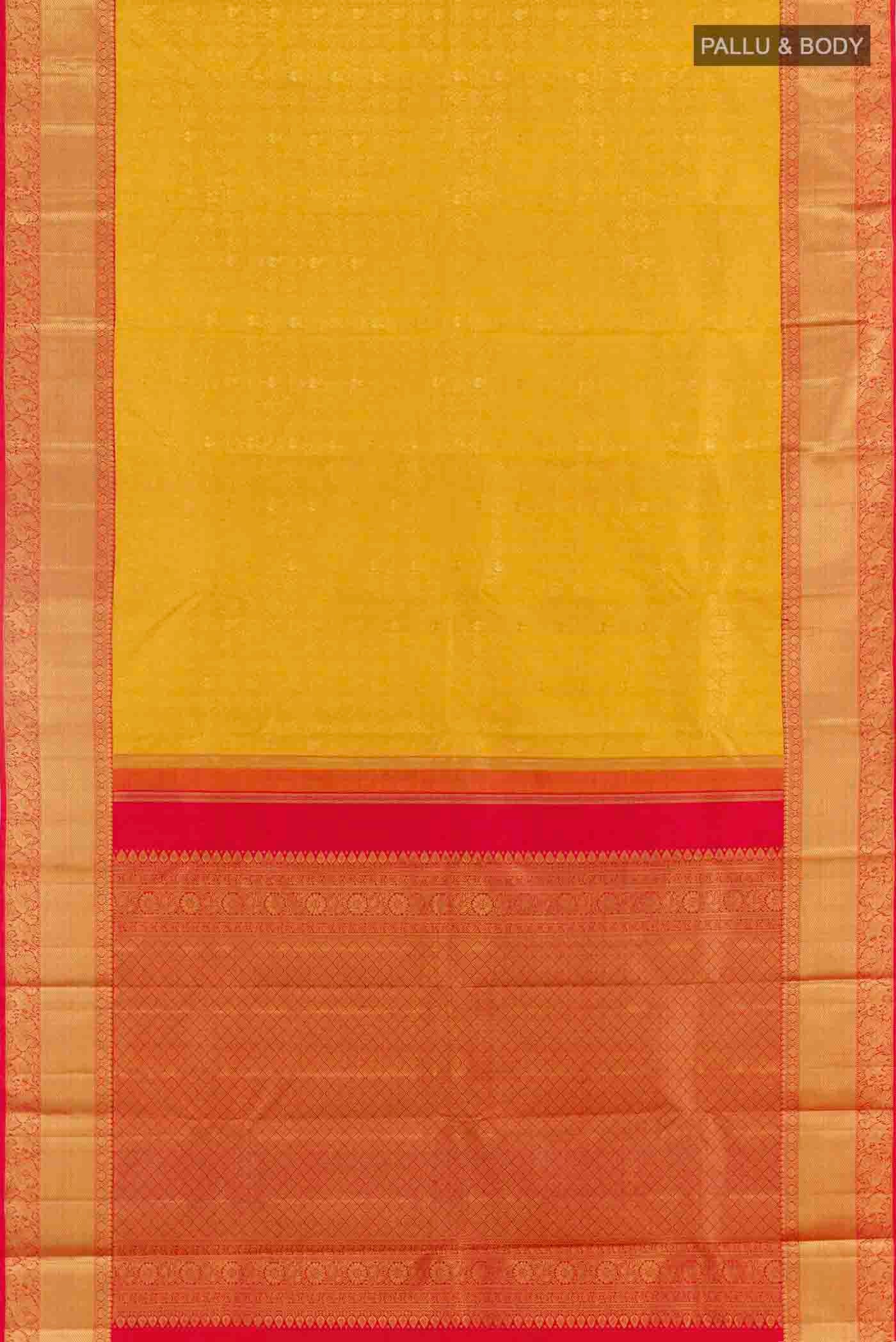 Flat view of Yellow Dual Tone Kanchipuram Silk Saree with Zari Brocade on the body and Zari Border