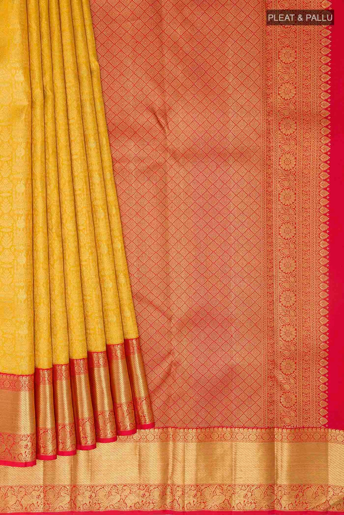 Pleats and pallu of Yellow Dual Tone Kanchipuram Silk Saree with Zari Brocade on the body and Zari Border