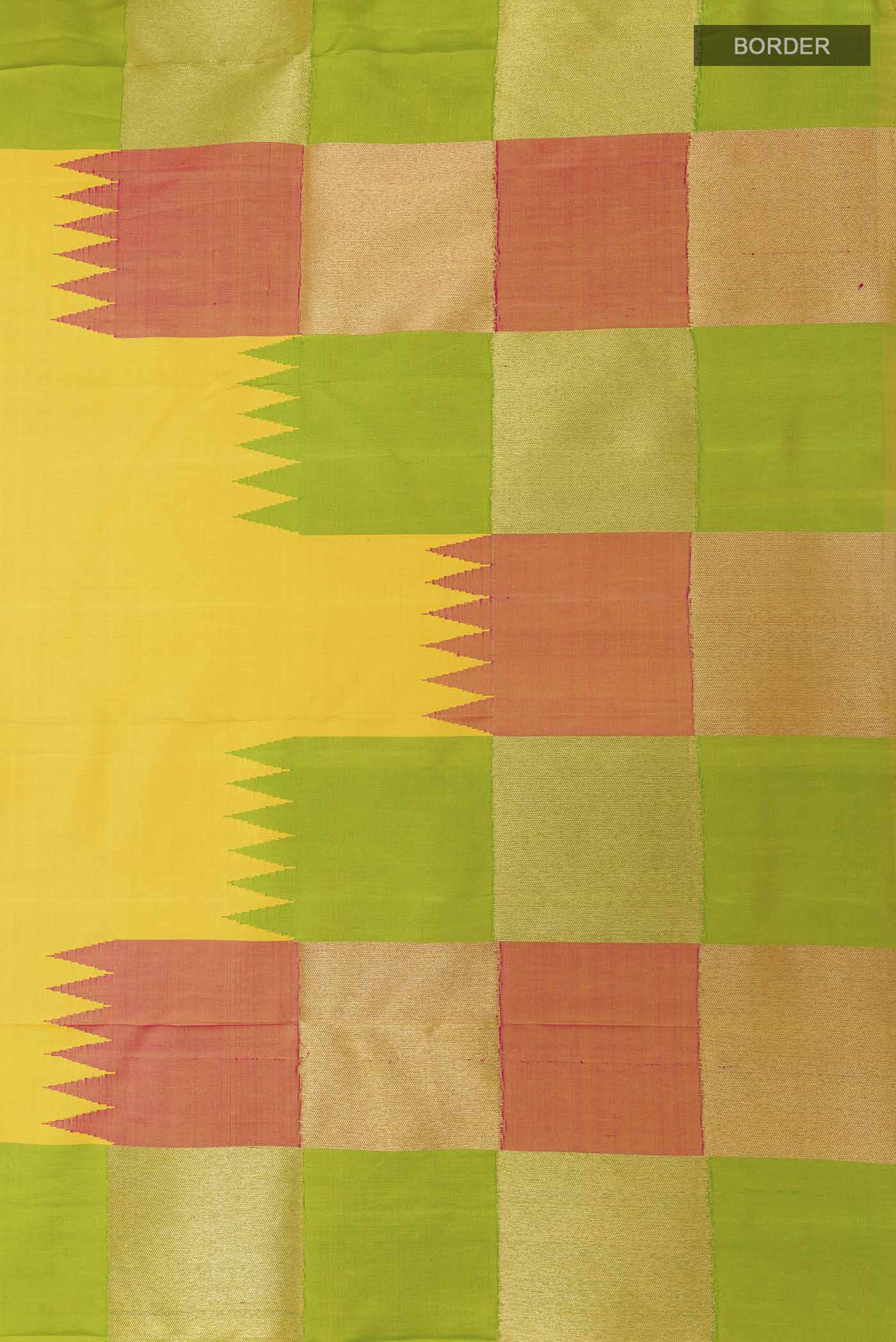 Border image of Yellow Kanchipuram Silk Saree with Plain Body and Rising Temple Border