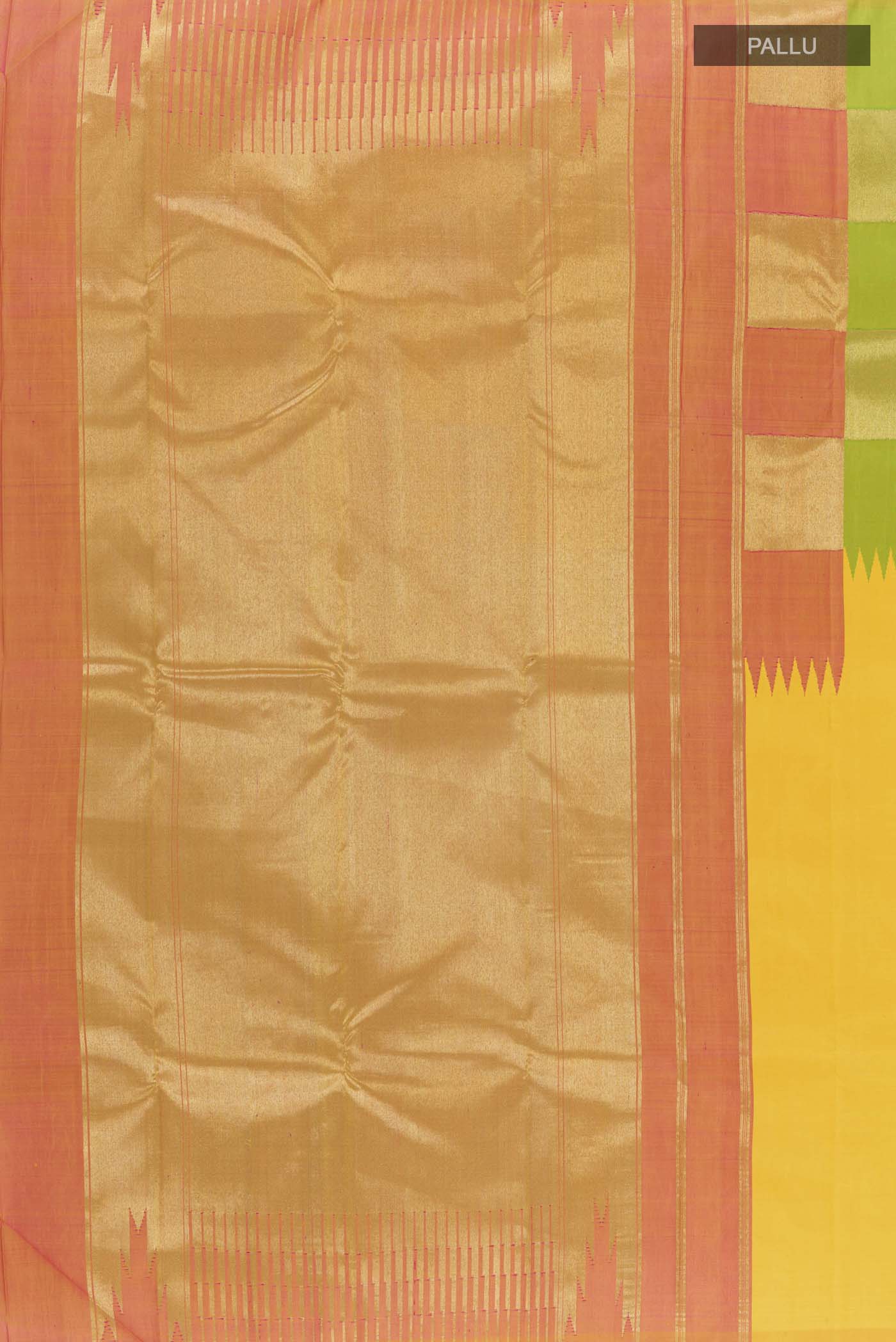 Close up image of the pallu of Yellow Kanchipuram Silk Saree with Plain Body and Rising Temple Border