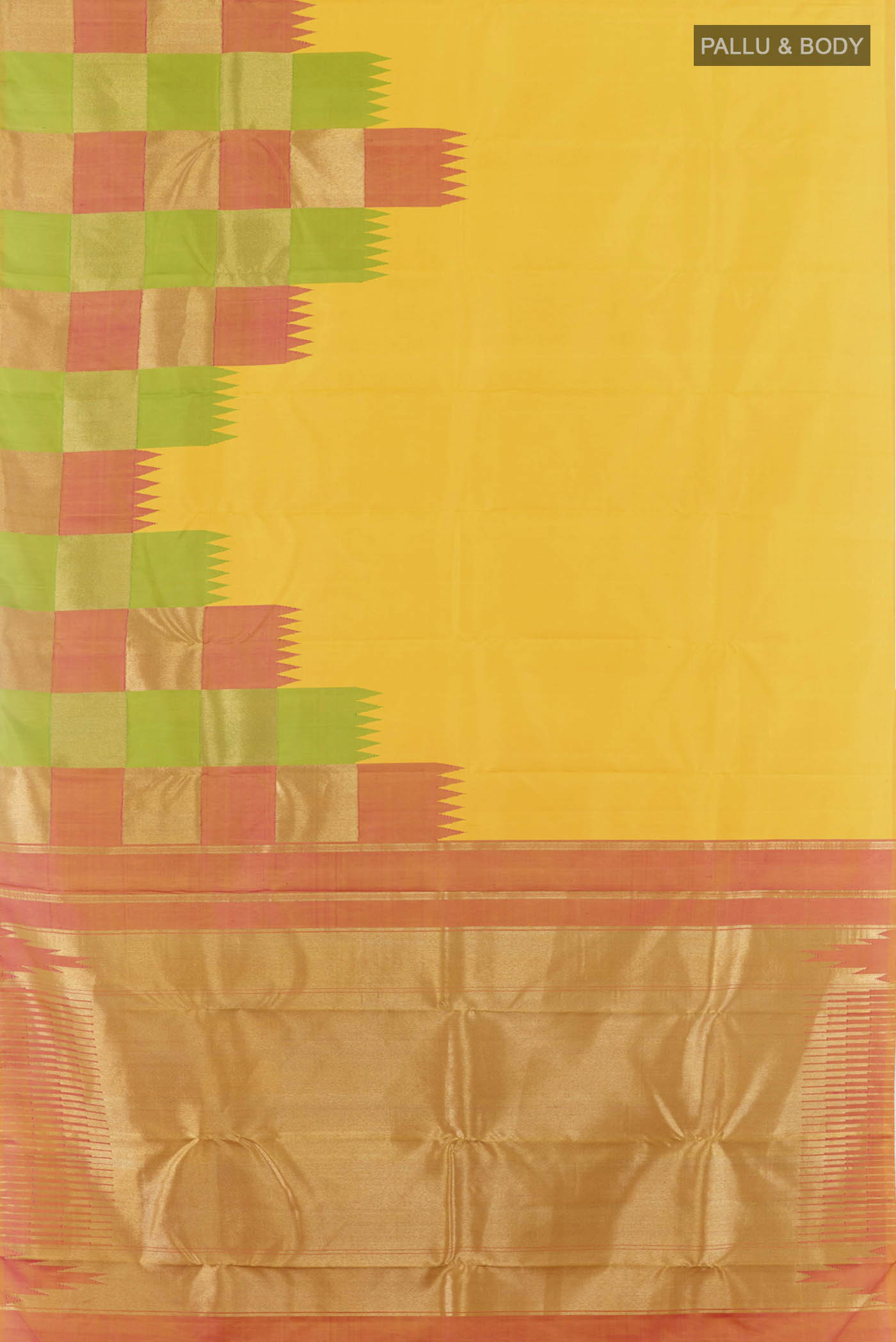 Flat view of Yellow Kanchipuram Silk Saree with Plain Body and Rising Temple Border