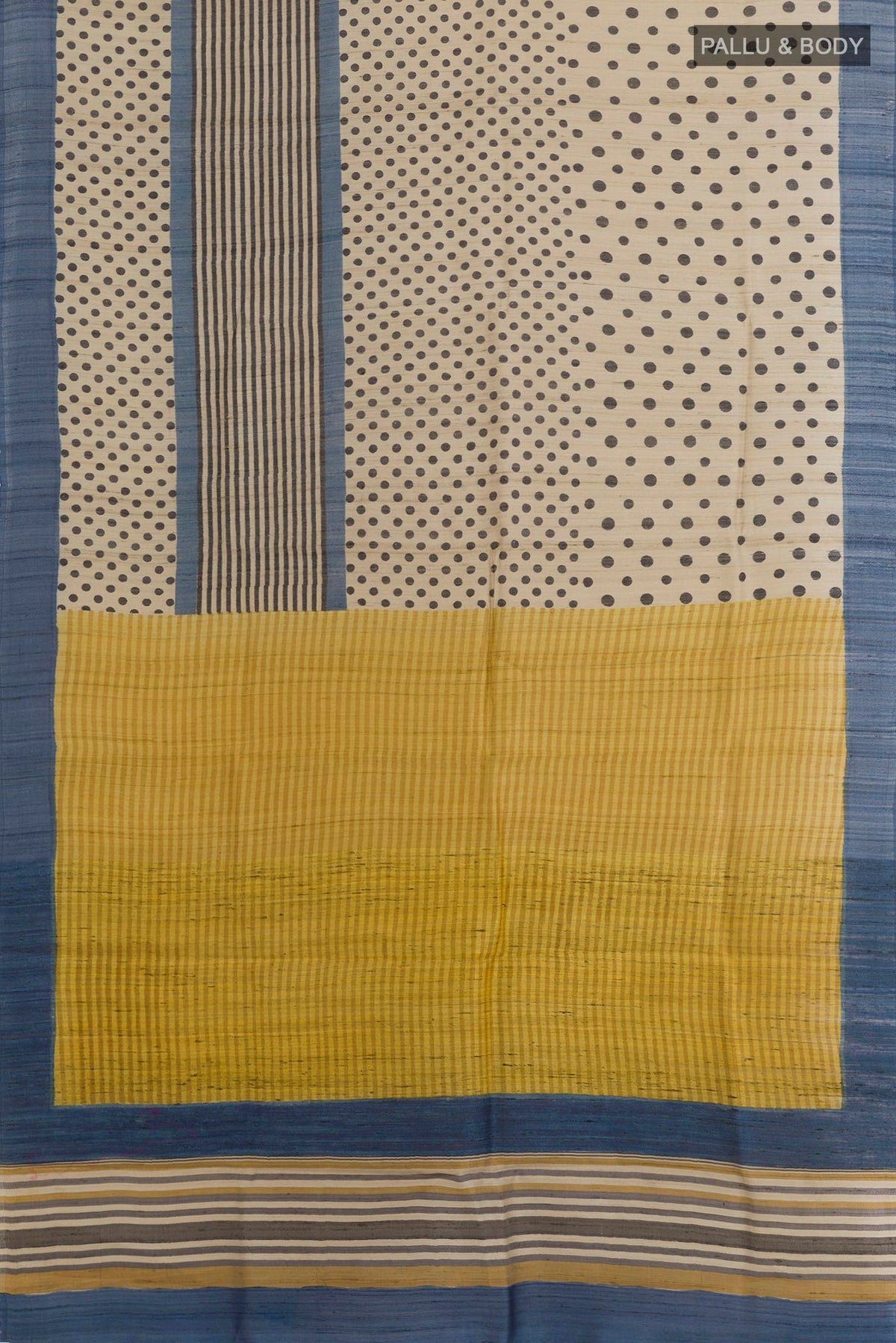 Flat view of Off White Tussar Saree with Printed design on the body and Zari Border. 
