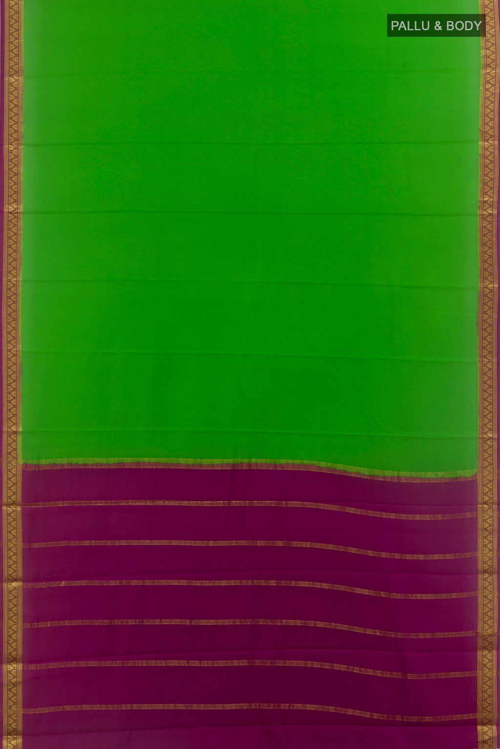 Flat view of Green Mysore Crepe Saree with Plain Body and Zari Border. 