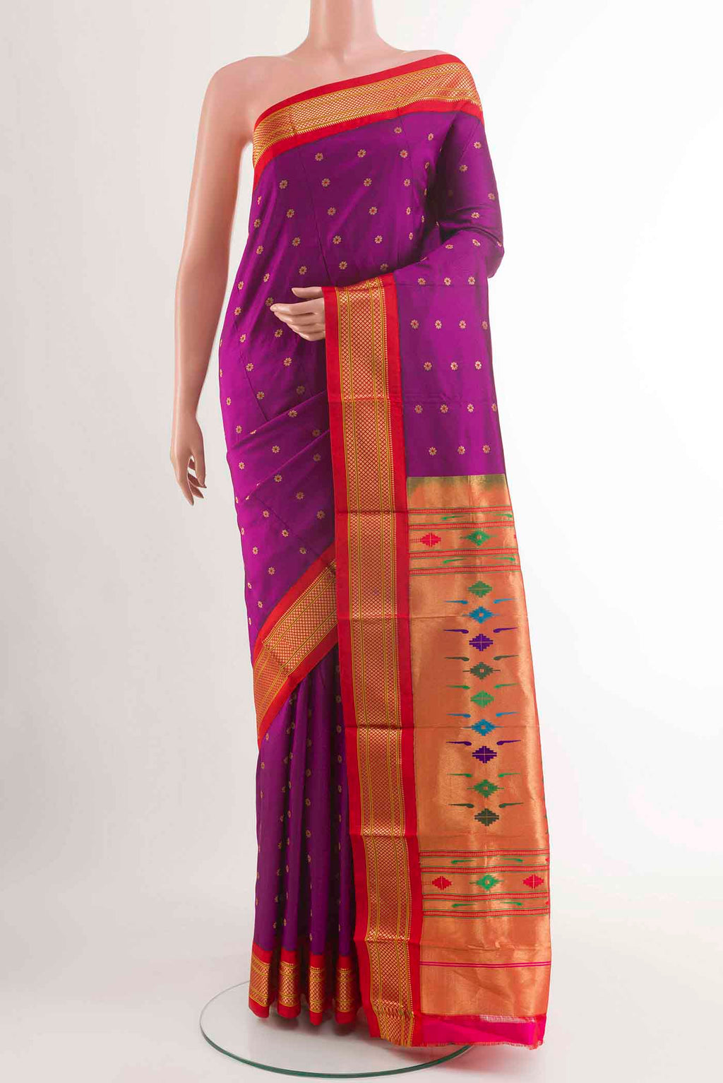 Purple Paithani Silk Saree with Zari Butta on the body and Zari Border displayed on a mannequin