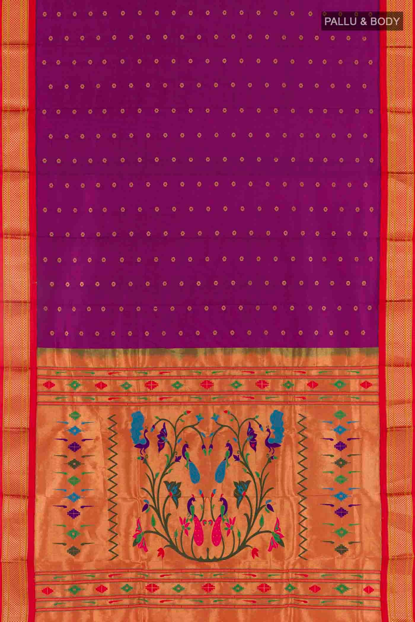 Flat view of Purple Paithani Silk Saree with Zari Butta on the body and Zari Border