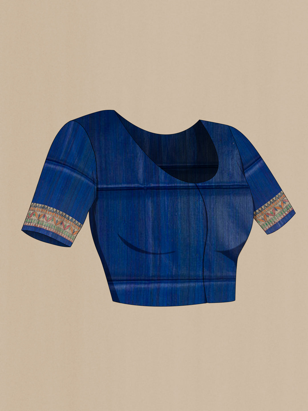 Close up image of the blouse of Royal Blue Tussar Silk Saree with Printed design on the body and Printed Border. 