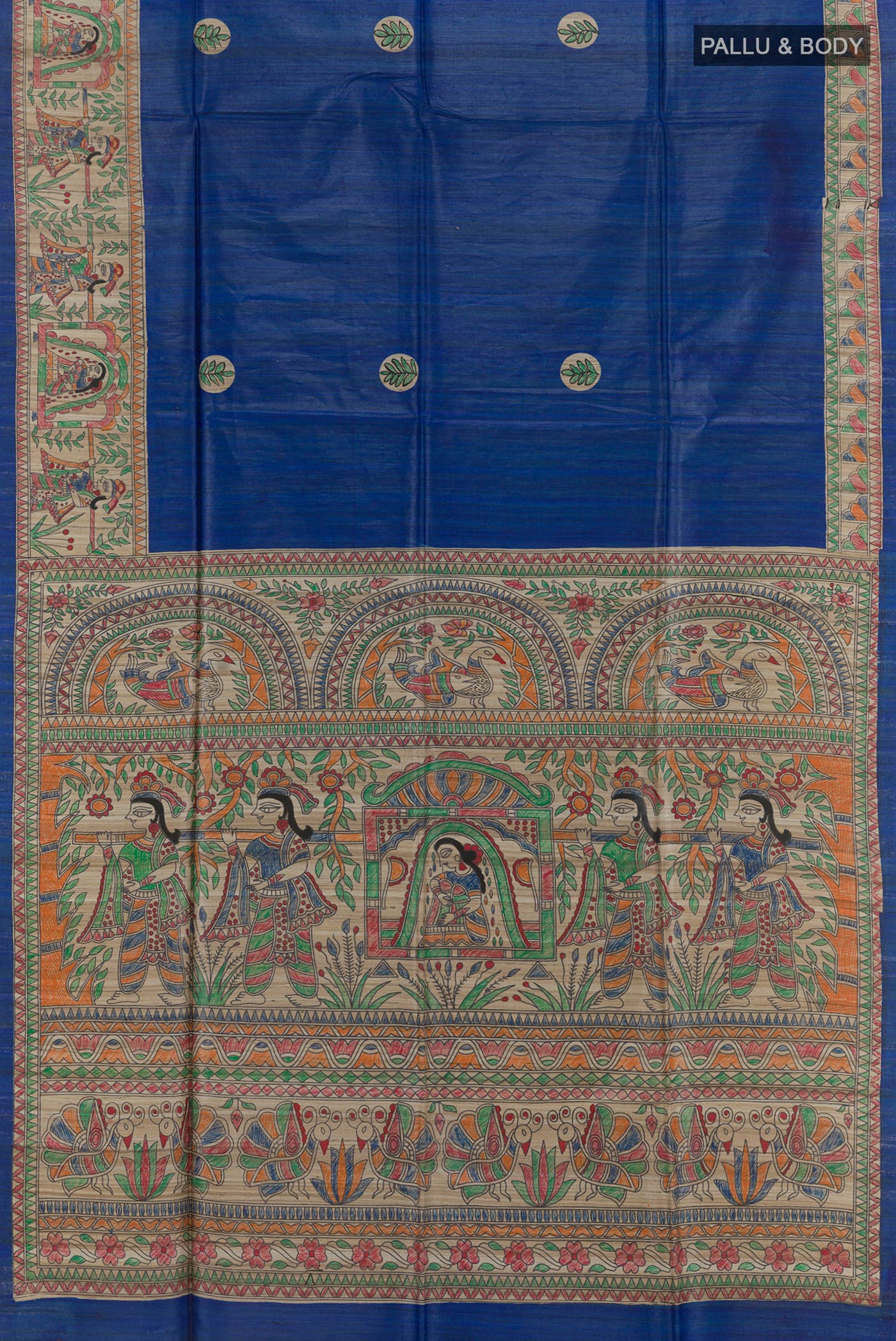 Flat view of Royal Blue Tussar Silk Saree with Printed design on the body and Printed Border. 