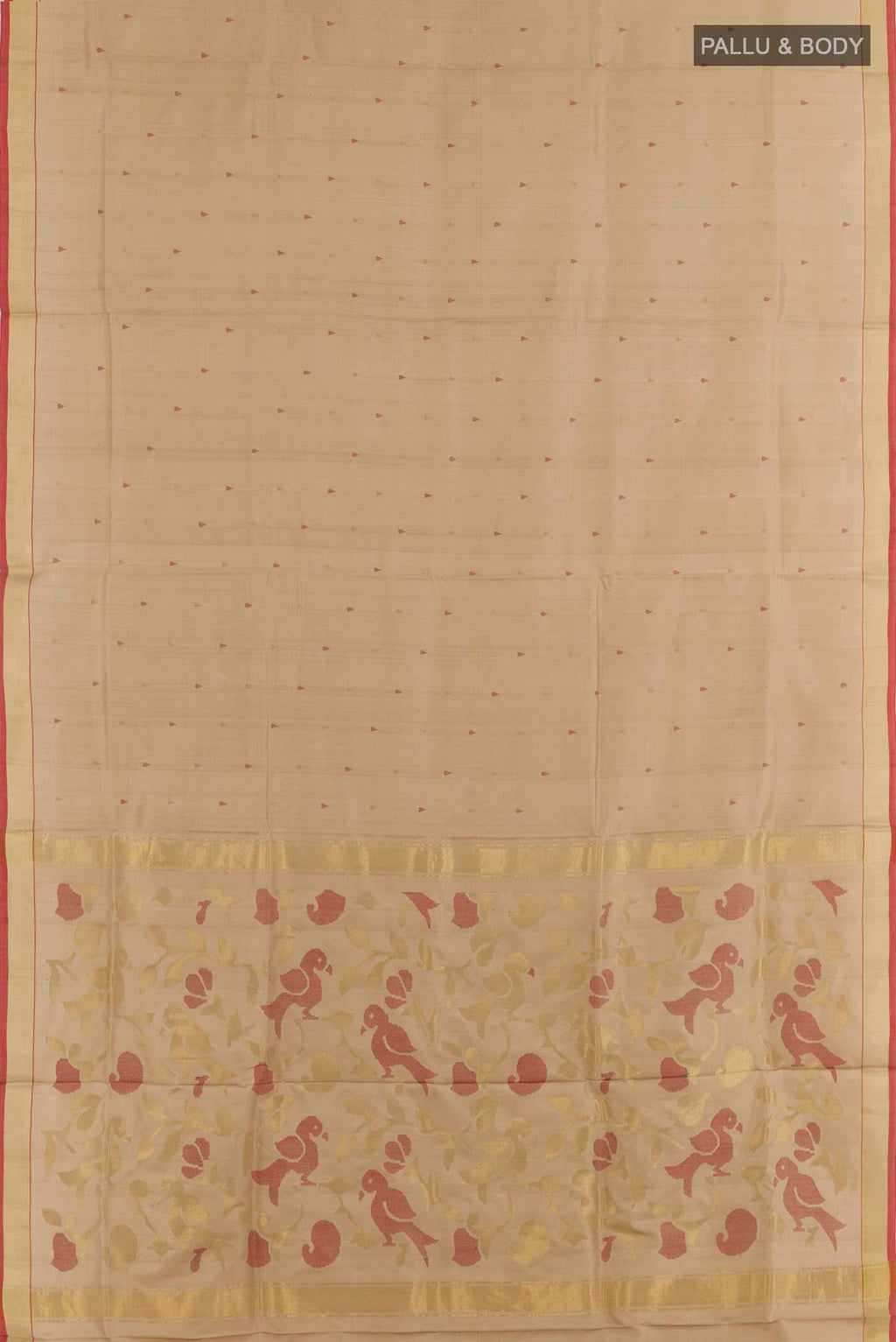 Flat view of Beige Uppada Silk Saree with Zari Butta on the body and Zari Border