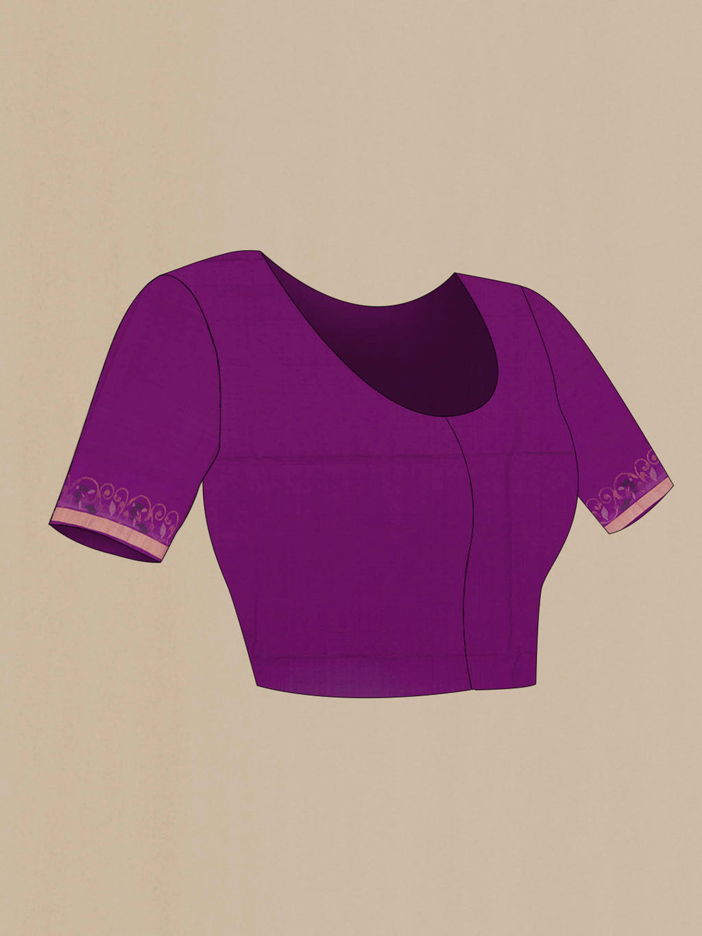 Close up image of the blouse of Purple Uppada Silk Saree with Zari Butta on the body and Zari Border